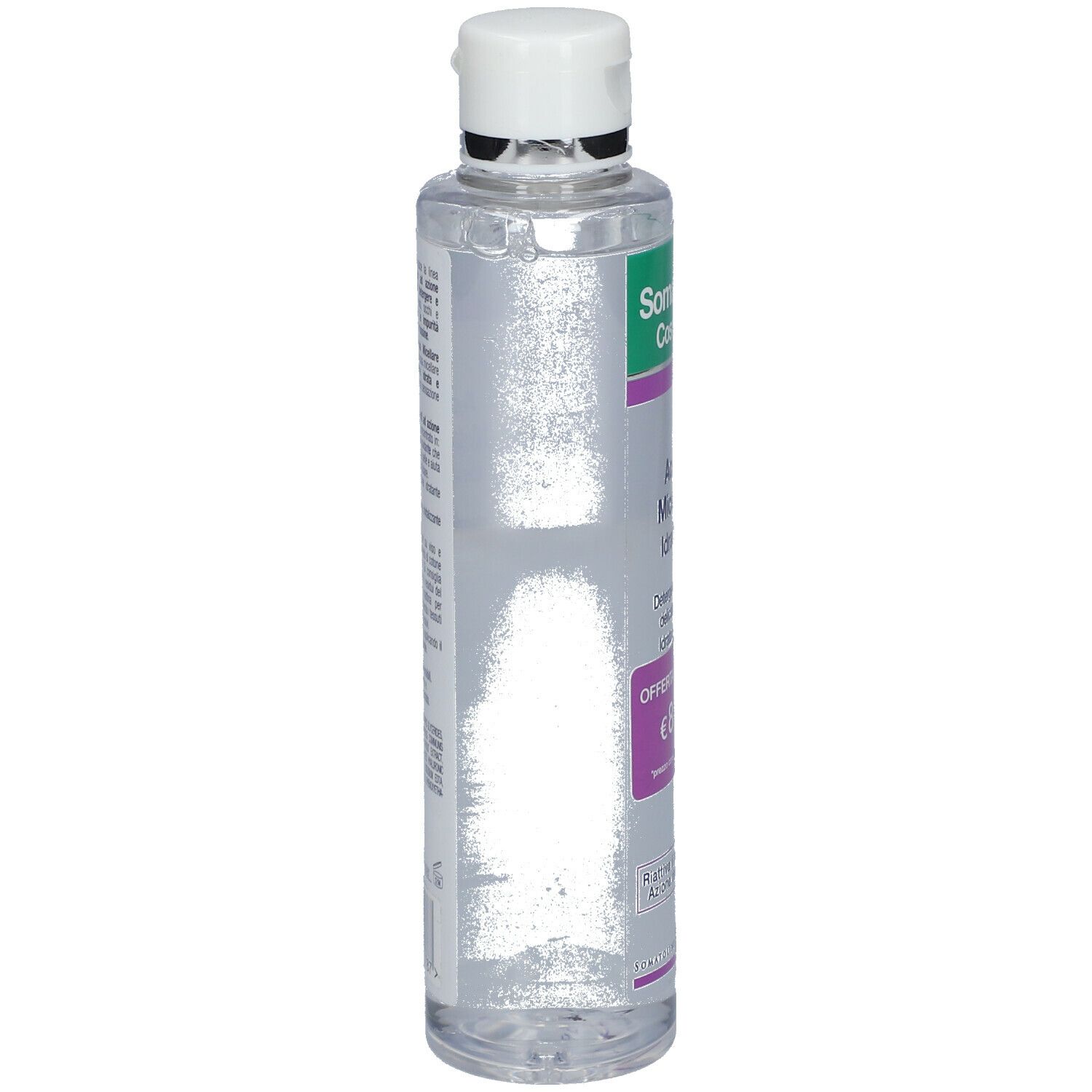 Flacone trasparente, tappo bianco. Vista laterale con etichetta. Testo: "Somatoline Cosmetic", "Acqua Micellare Idratante".