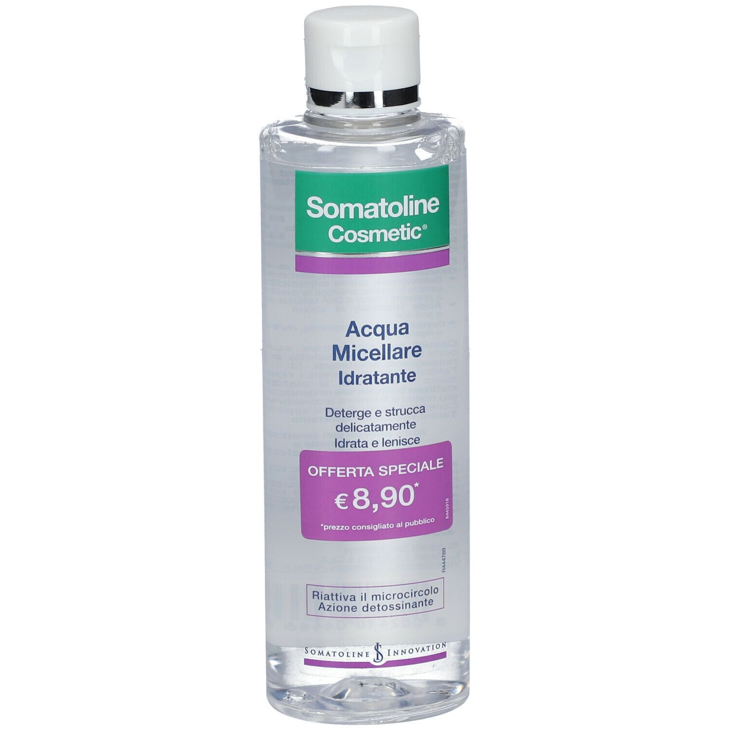 Flacone trasparente con tappo bianco. Etichetta "Somatoline Cosmetic", "Acqua Micellare Idratante" e prezzo.