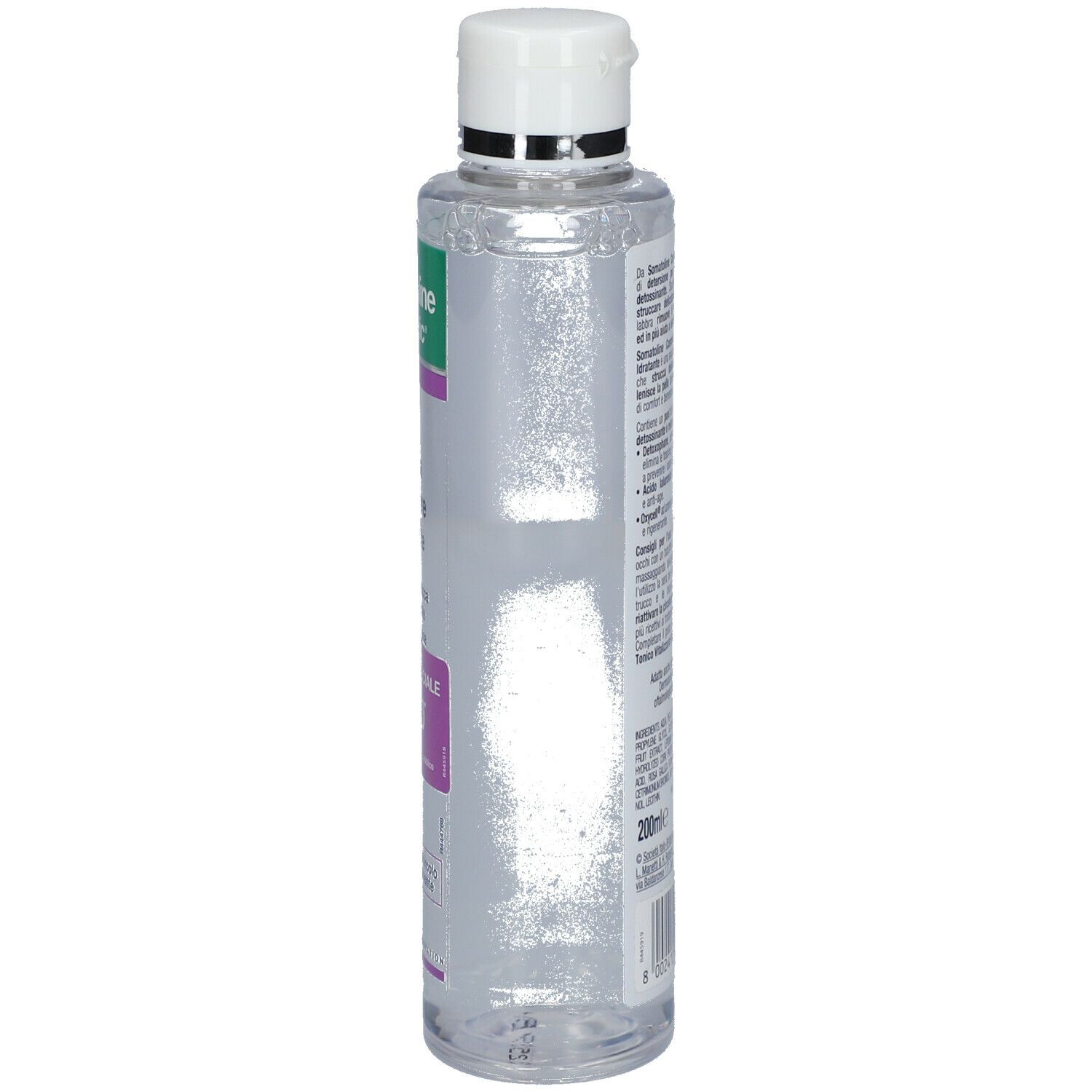 Flacone, vista laterale. Tappo bianco, etichetta "Somatoline Cosmetic", "Acqua Micellare Idratante", 200ml.