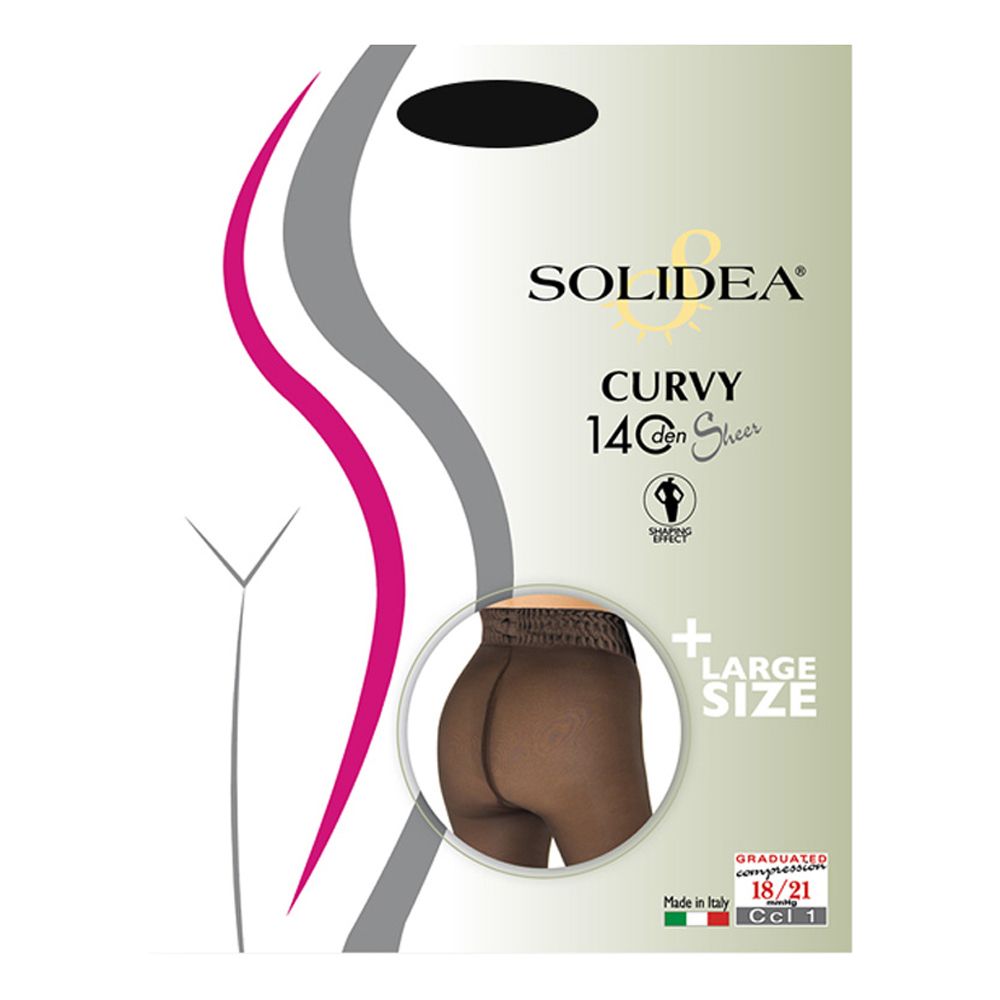 Solidea Curvy 140 Strumpfhose. Verpackung mit Produktabbildung. Braune Strumpfhose mit Größenangabe. Hergestellt in Italien.