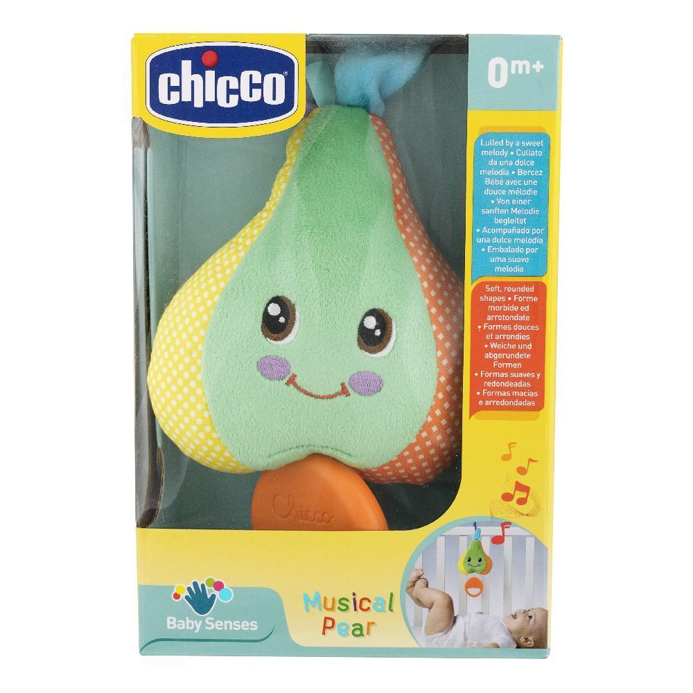 Chicco Musical Pear, in confezione. Giocattolo a forma di pera con volto, verde, giallo e arancione. Confezione con testo e logo.
