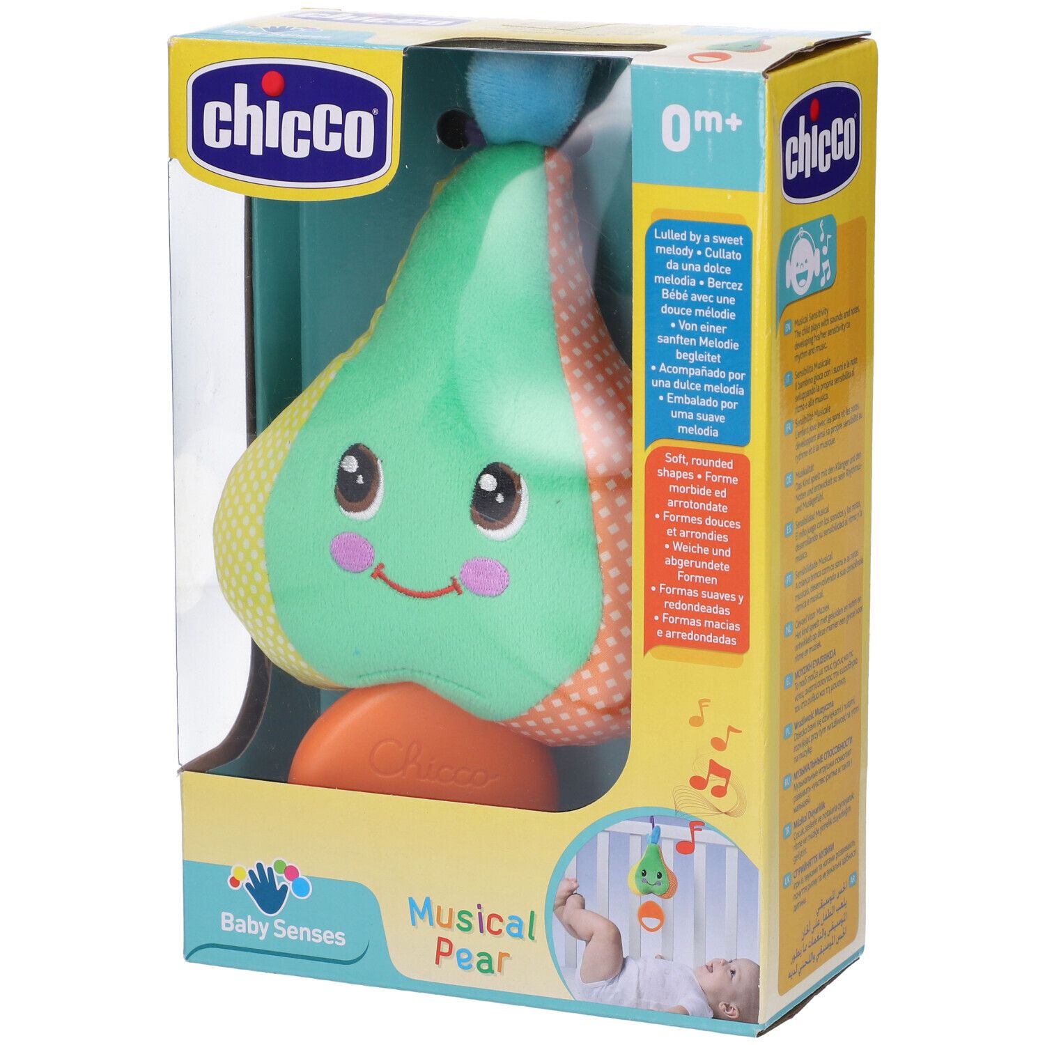 Chicco Musical Pear, in confezione. Giocattolo a forma di pera con volto, verde, giallo e arancione. Confezione con testo e logo.