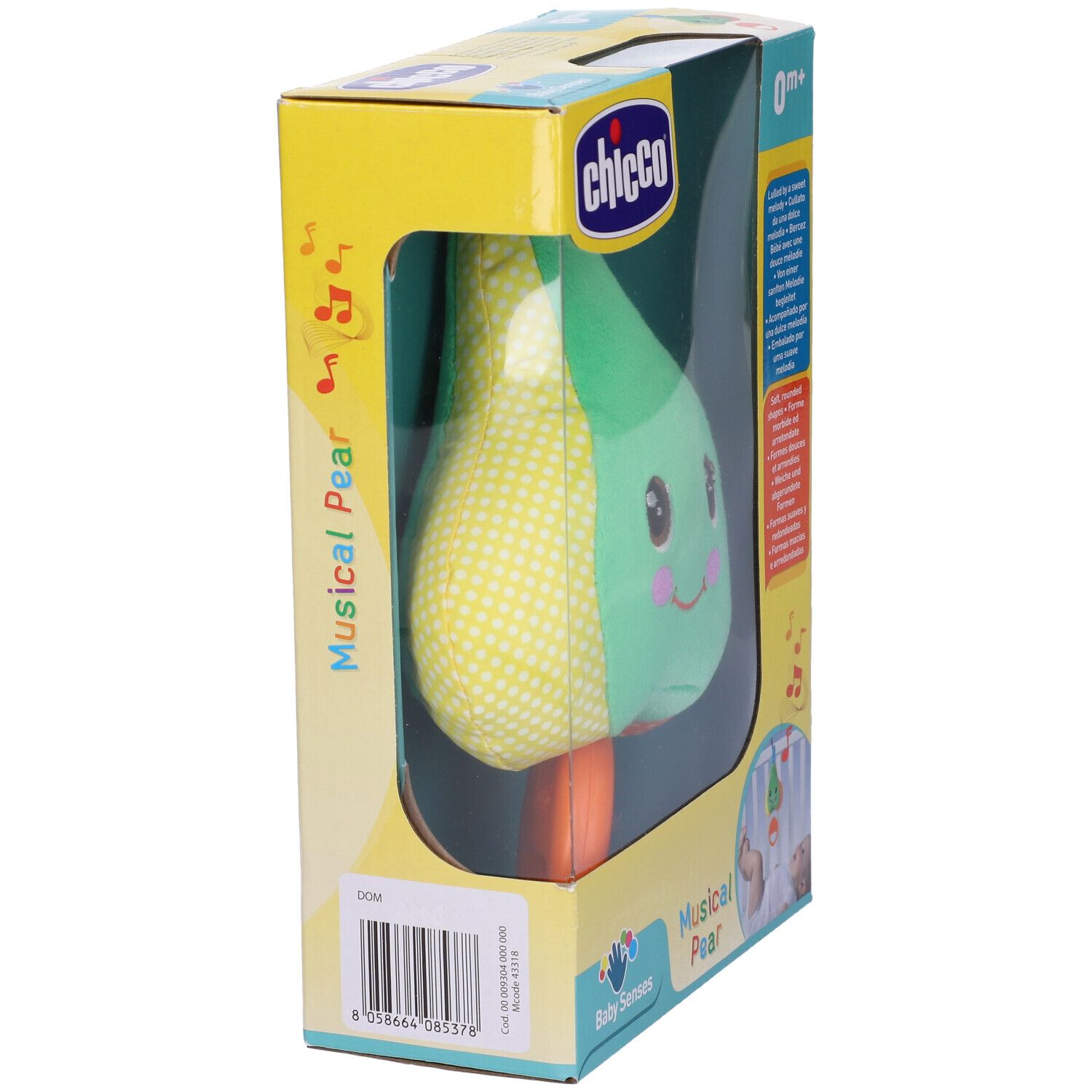 Retro della confezione Chicco Musical Pear. Testo multilingue, illustrazione del giocattolo e di un bambino nel letto.