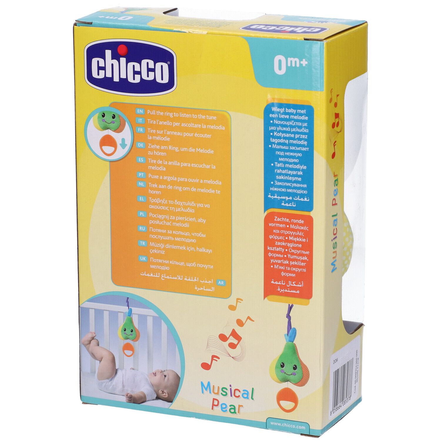 Lato della confezione Chicco Musical Pear. Testo multilingue, illustrazione del giocattolo e di un bambino nel letto.