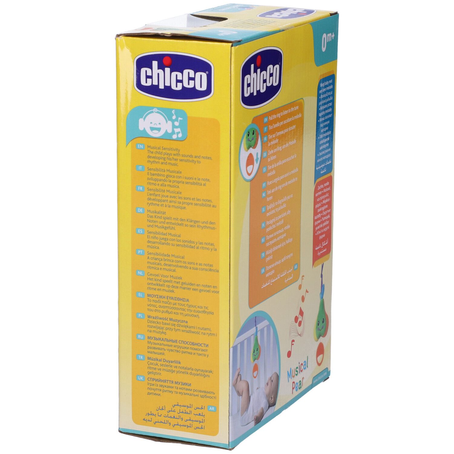 Chicco Musical Pear, in confezione. Giocattolo a forma di pera con volto, verde, giallo e arancione. Confezione con testo e logo.