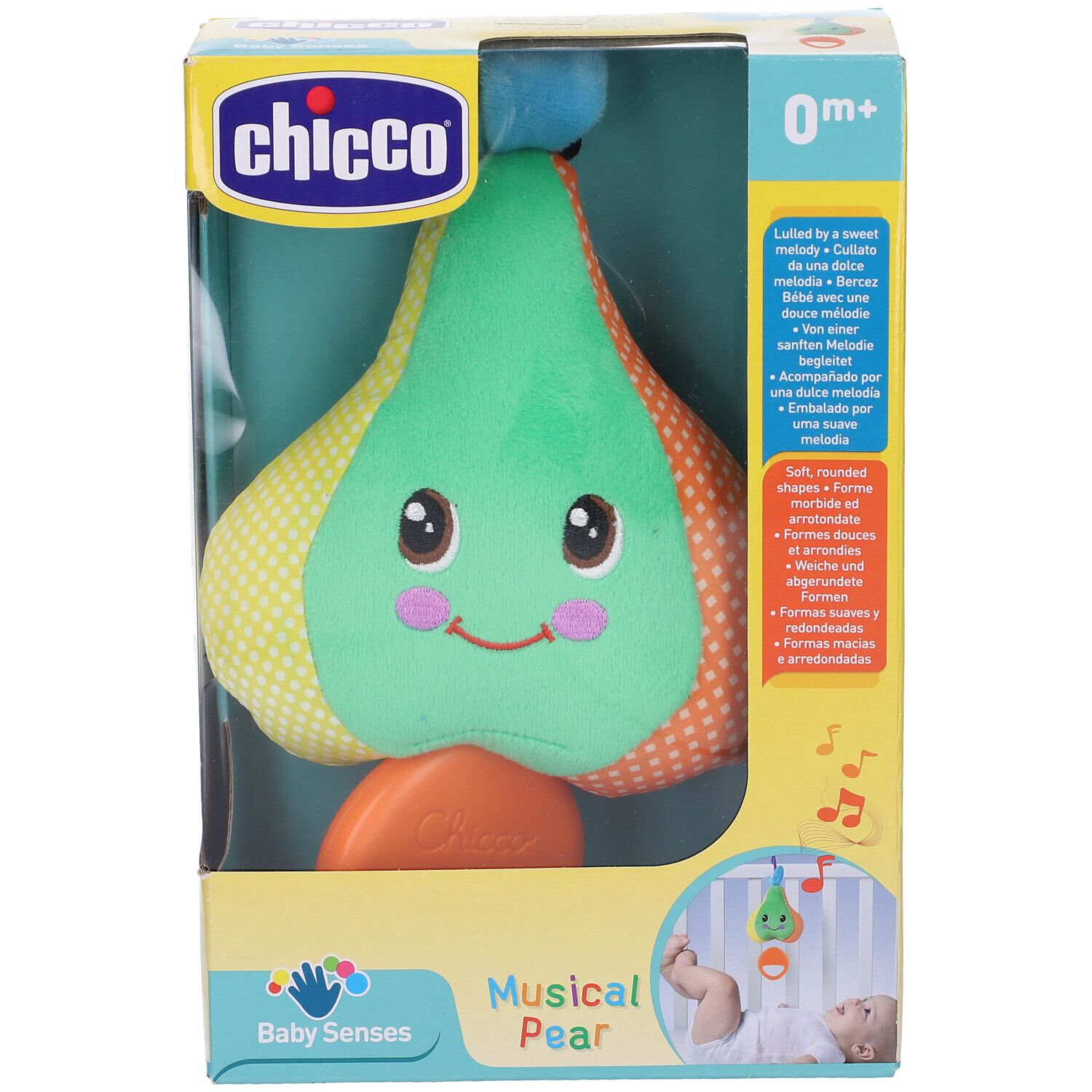 Chicco Musical Pear, in confezione. Giocattolo a forma di pera con volto, verde, giallo e arancione. Confezione con testo e logo.