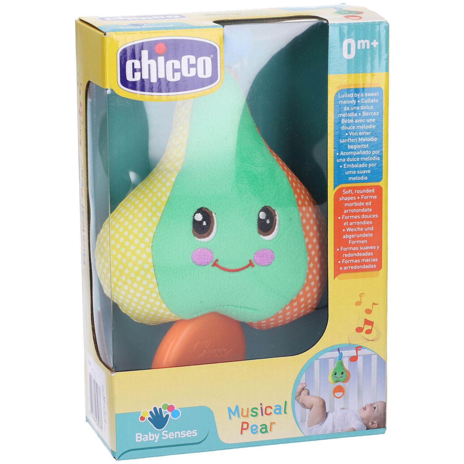 Chicco Musical Pear, in confezione. Giocattolo a forma di pera con volto, verde, giallo e arancione. Confezione con testo e logo.
