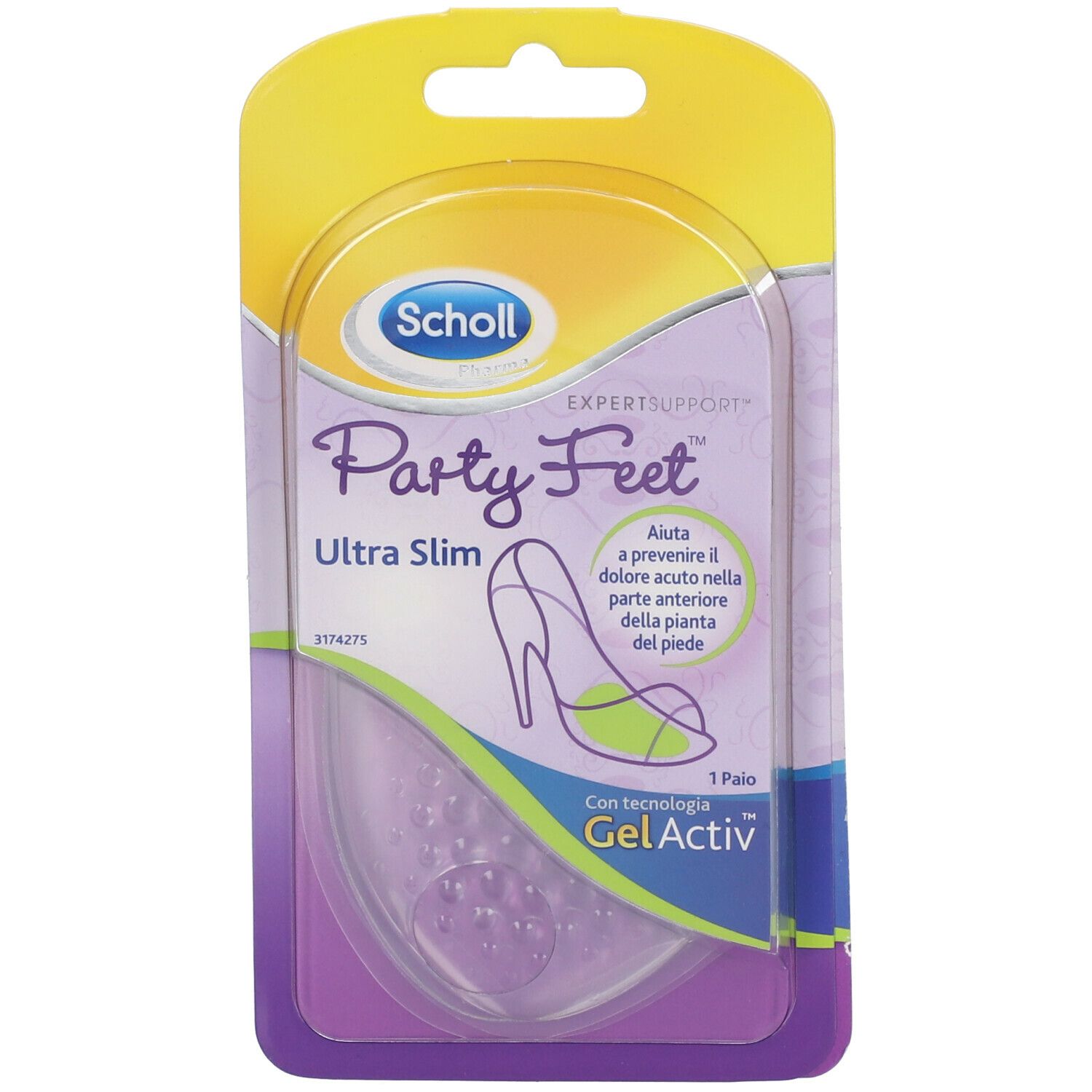 Scholl Party Feet Ultra Slim. Cuscinetti in gel trasparenti. Confezione con immagine del prodotto e logo.
