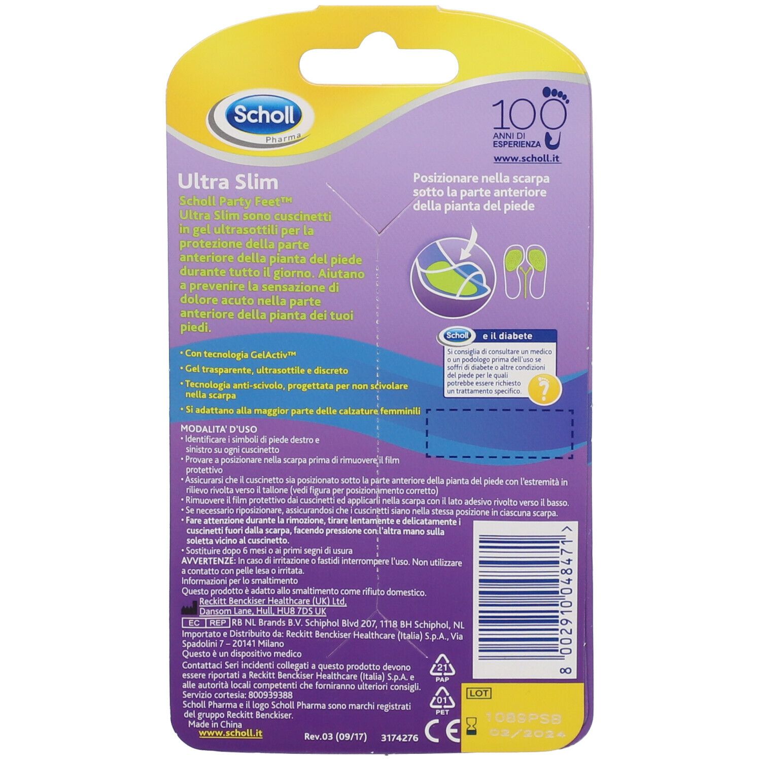 Retro della confezione Scholl Party Feet Ultra Slim. Informazioni sul prodotto, istruzioni e logo.