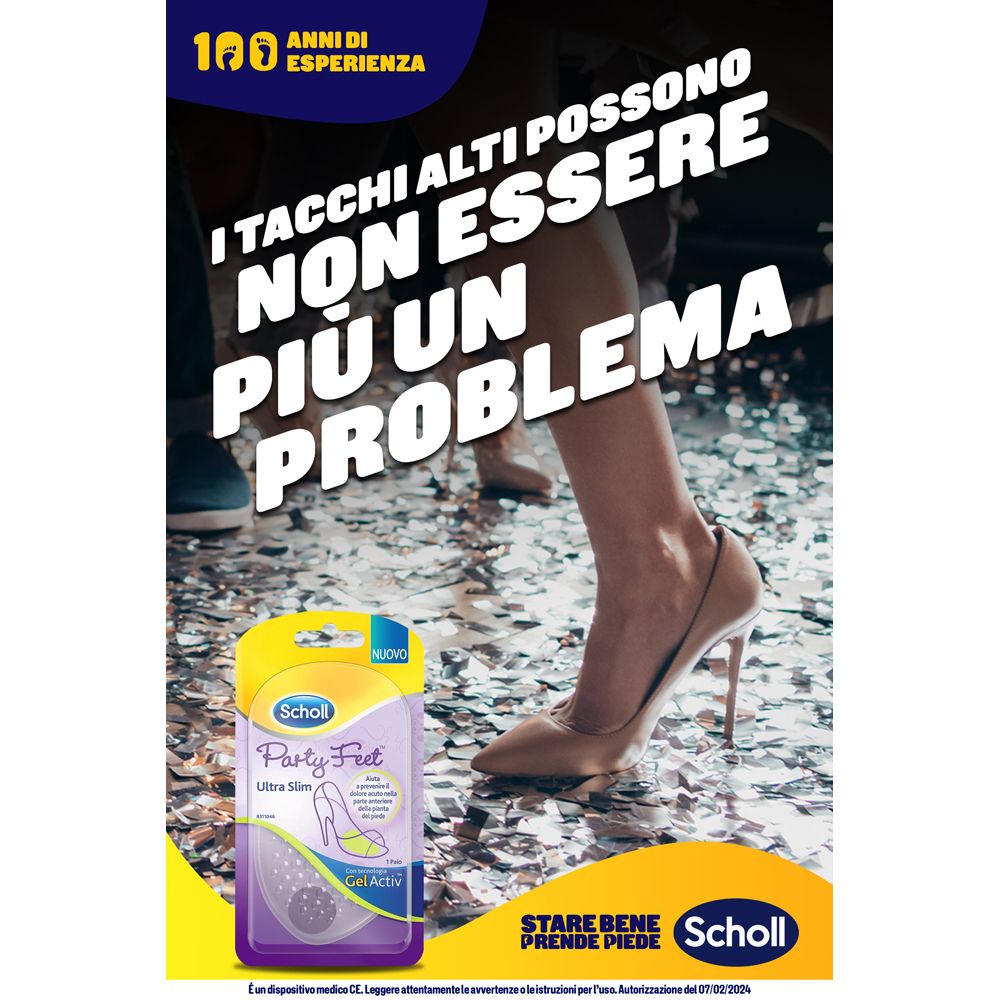 Pubblicità con Scholl Party Feet Ultra Slim. Donna con tacchi alti. Testo: I tacchi alti non possono più essere un problema.