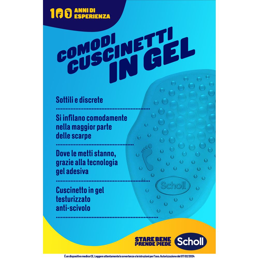 Annuncio blu con cuscinetti in gel. Testo: Comodi cuscinetti in gel. Sottili e discreti. Tecnologia antiscivolo.