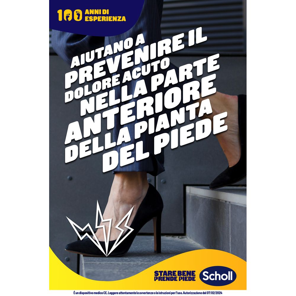 Annuncio con donna in tacchi alti. Testo: Aiuta a prevenire il dolore acuto nell'avampiede. Logo Scholl.