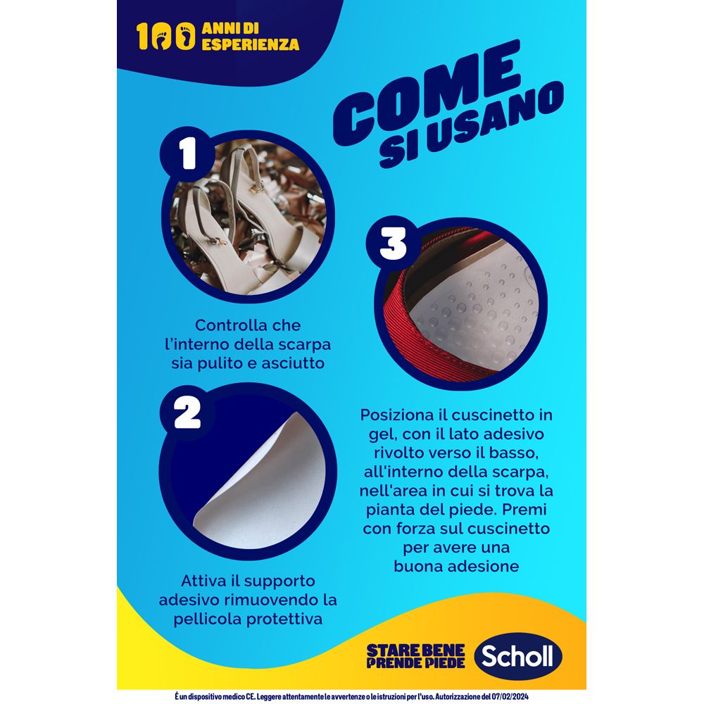 Istruzioni per l'uso dei cuscinetti in gel. Passaggi 1-3. Logo Scholl. Immagine del prodotto.