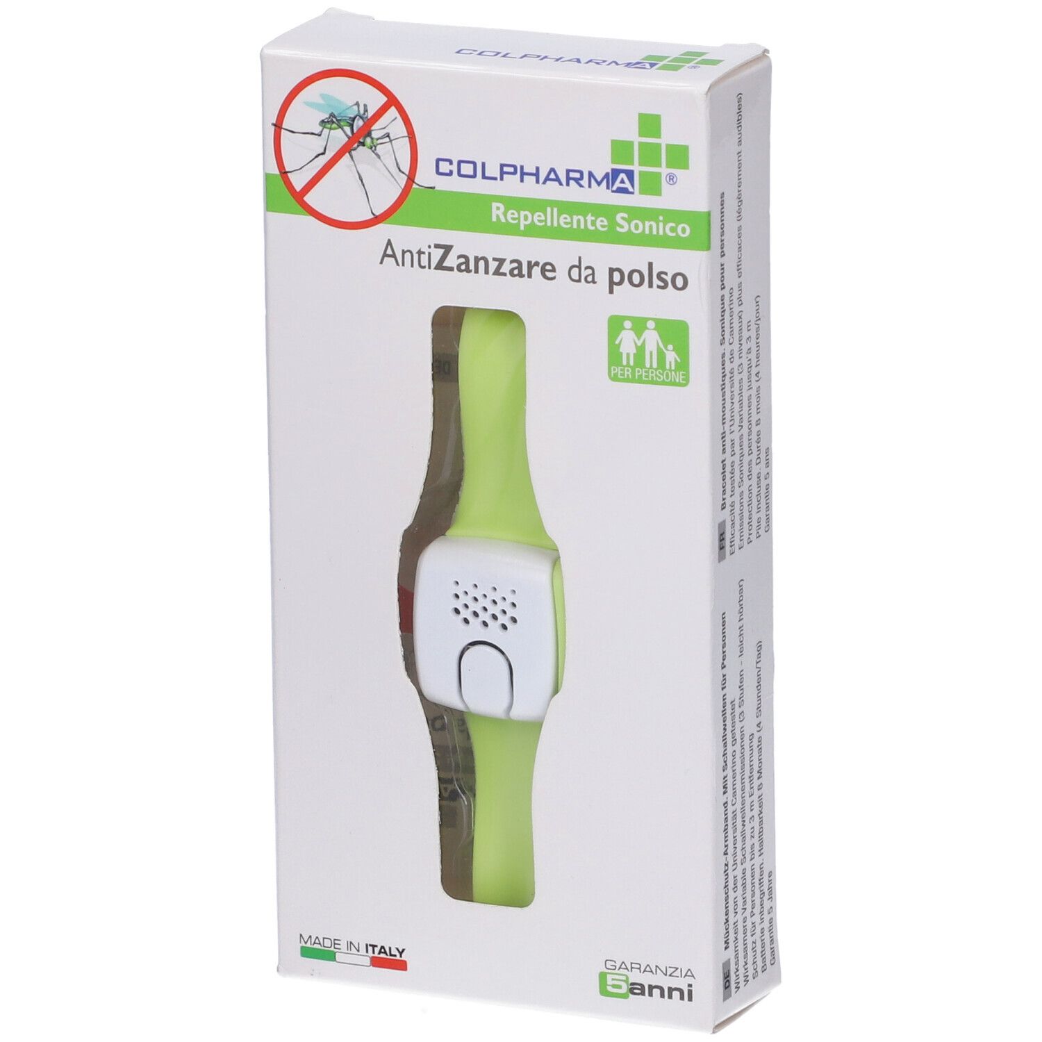 Confezione con braccialetto verde. Stampa: Colpharma, Repellente Sonico, AntiZanzare da polso.