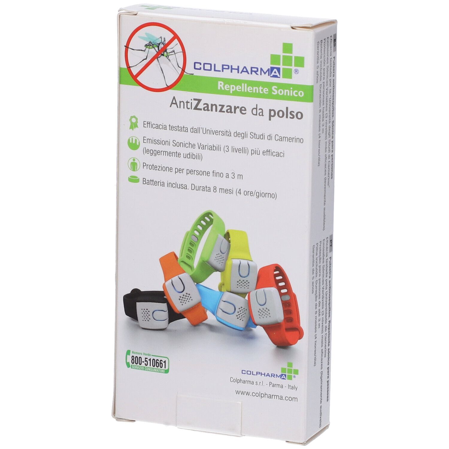 Confezione con più braccialetti. Stampa: Colpharma, Repellente Sonico, AntiZanzare da polso.