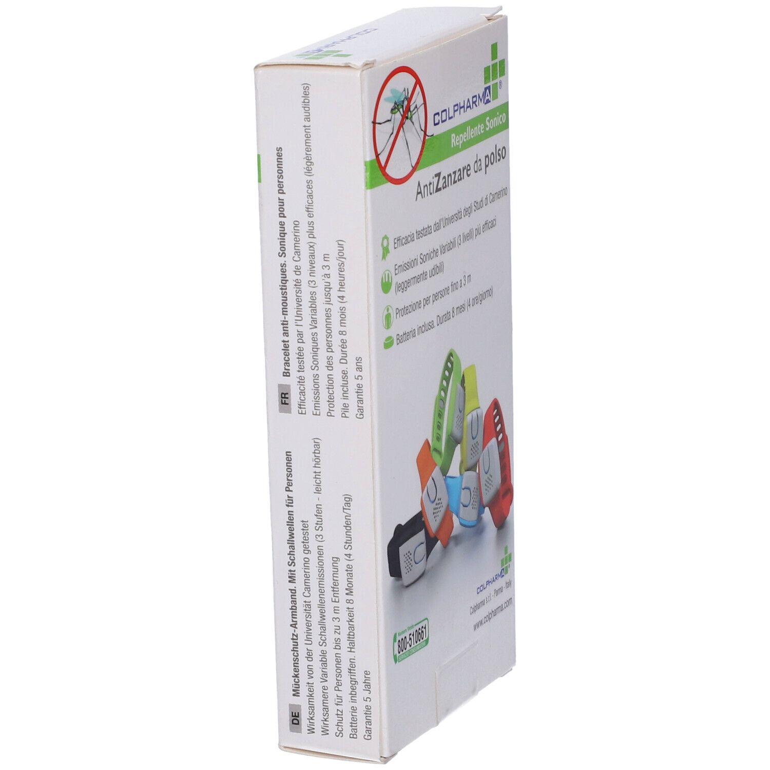 Lato confezione con testo e braccialetti. Stampa: Colpharma, Repellente Sonico, AntiZanzare da polso.