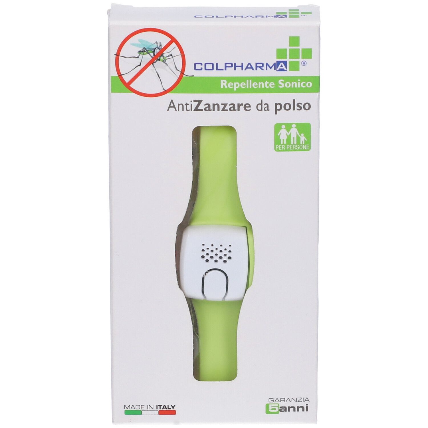 Confezione con braccialetto verde. Stampa: Colpharma, Repellente Sonico, AntiZanzare da polso.