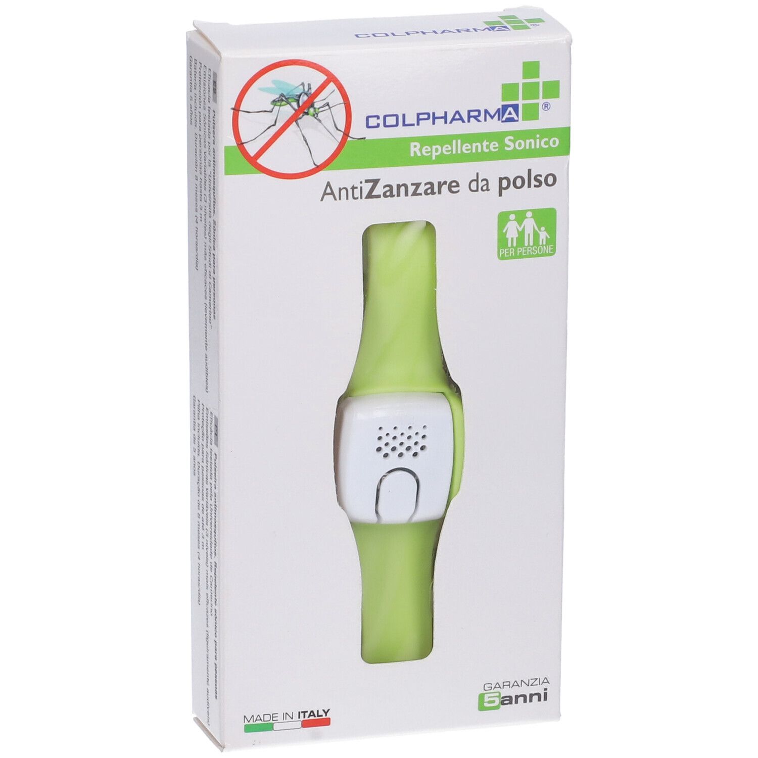 Confezione con braccialetto verde. Stampa: Colpharma, Repellente Sonico, AntiZanzare da polso.