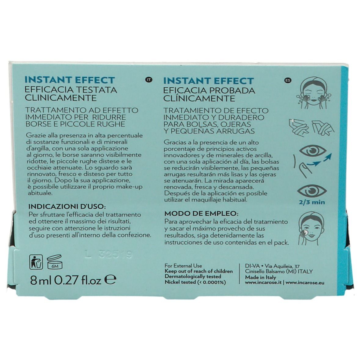 Retro della confezione con testo e illustrazioni. Scritta: Instant Effect, 8ml, 0.27 fl.oz. Istruzioni per l'uso.