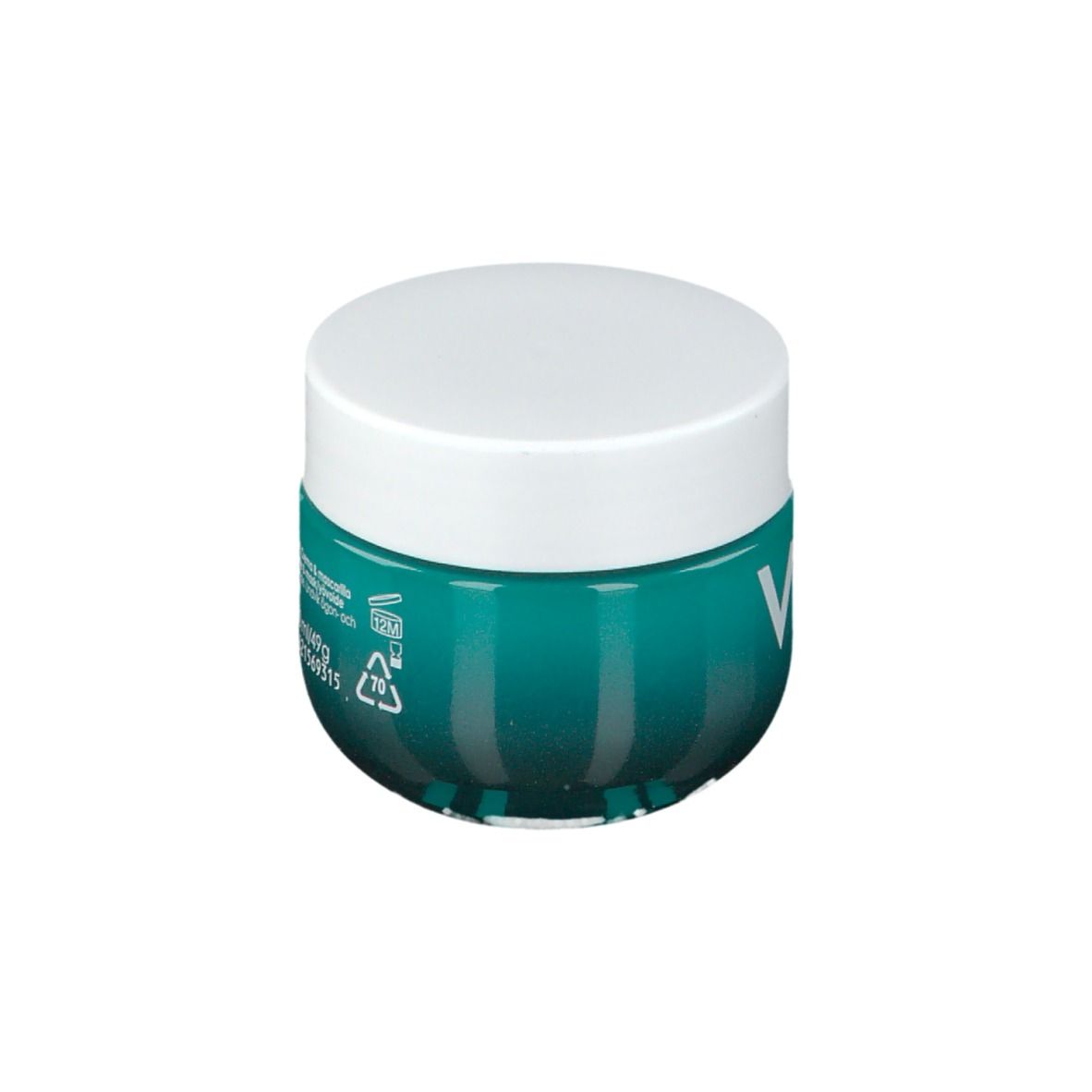 Vaso con coperchio bianco. Scritta: VICHY, SLOW ÂGE NUIT-NIGHT. Turchese.