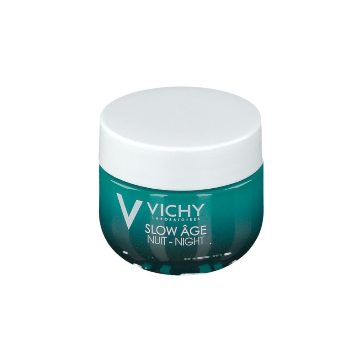 Vaso con coperchio bianco. Scritta: VICHY, SLOW ÂGE NUIT-NIGHT. Turchese.