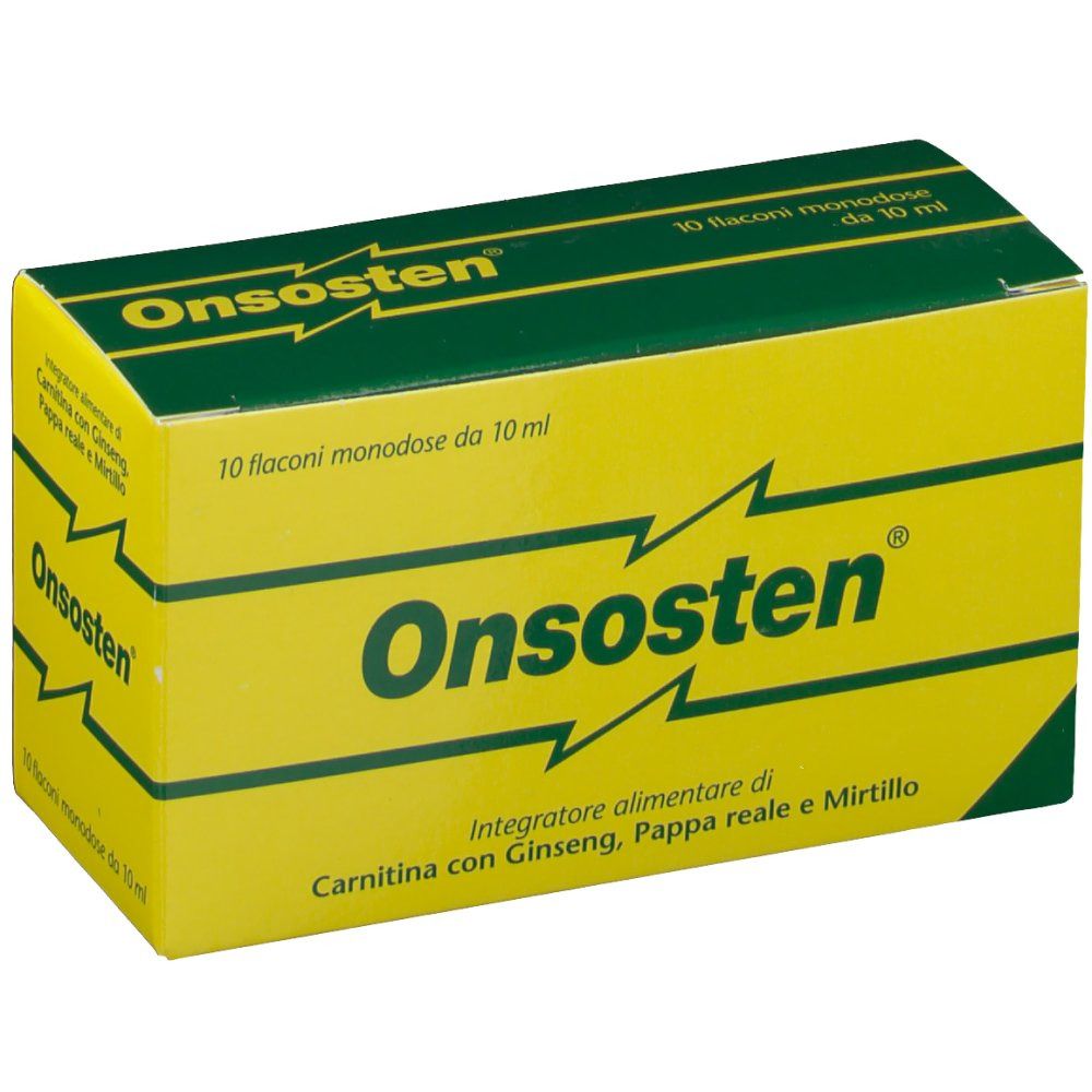 Scatola gialla e verde. Scritta: Onsosten. Contiene 10 flaconcini da 10 ml. Ingredienti: Carnitina, Ginseng, Pappa reale, Mirtillo.