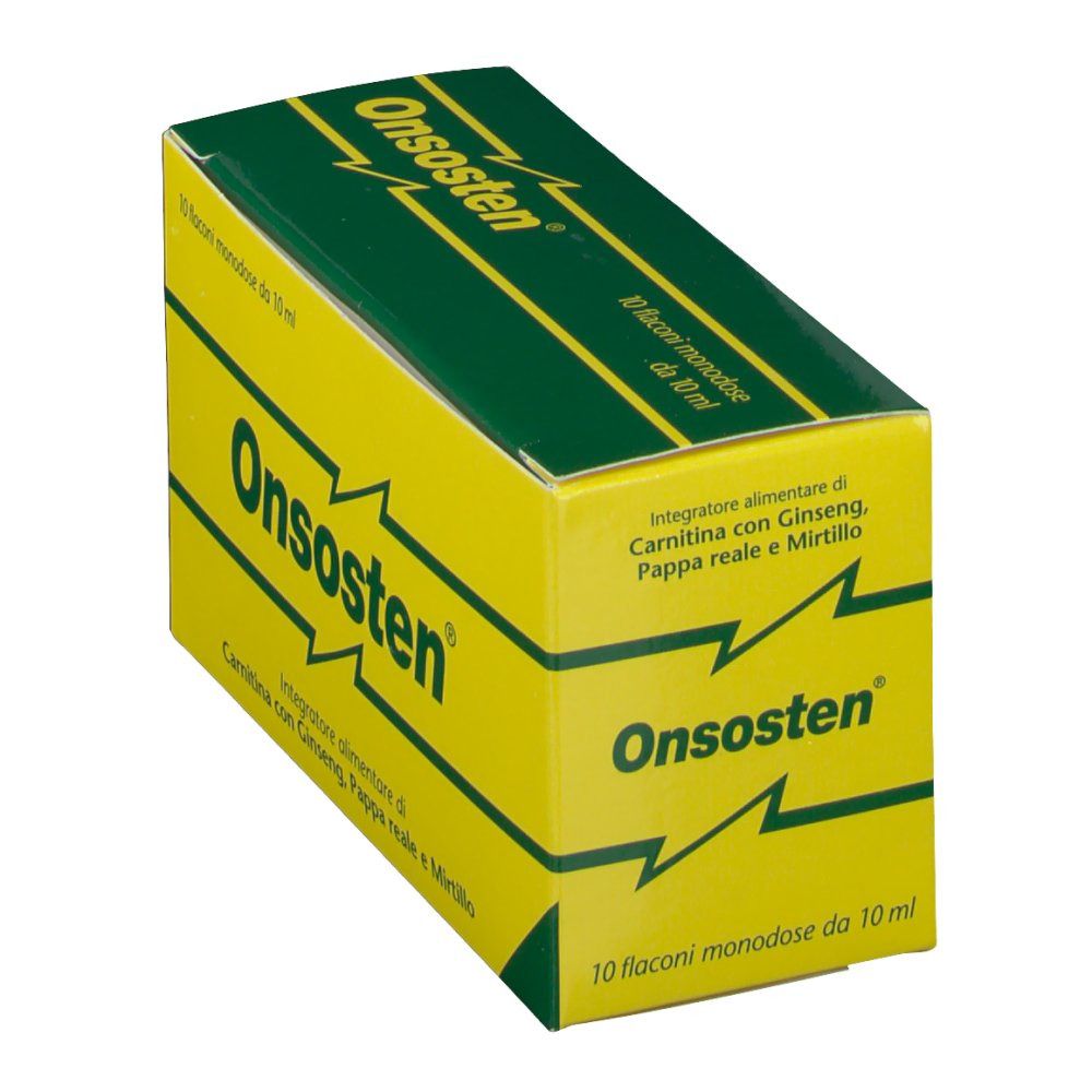 Scatola gialla e verde. Scritta: Onsosten. Contiene 10 flaconcini da 10 ml. Ingredienti: Carnitina, Ginseng, Pappa reale, Mirtillo.