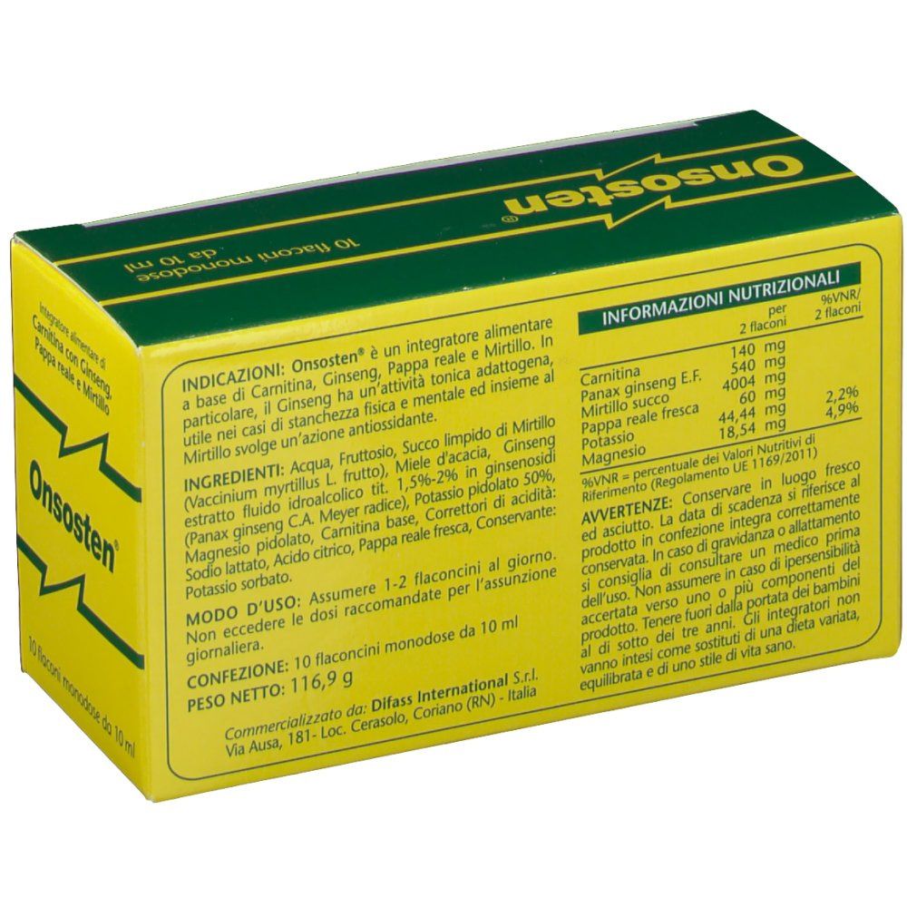 Scatola gialla e verde. Scritta: Onsosten. Contiene 10 flaconcini da 10 ml. Informazioni nutrizionali e ingredienti sul retro.