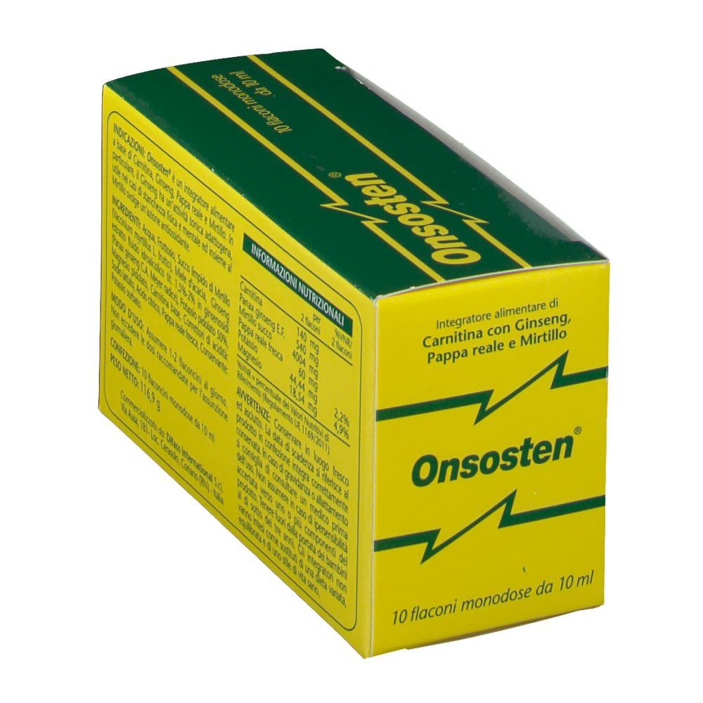 Scatola gialla e verde. Scritta: Onsosten. Contiene 10 flaconcini da 10 ml. Ingredienti: Carnitina, Ginseng, Pappa reale, Mirtillo.