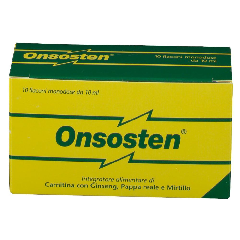 Scatola gialla e verde. Scritta: Onsosten. Contiene 10 flaconcini da 10 ml. Ingredienti: Carnitina, Ginseng, Pappa reale, Mirtillo.