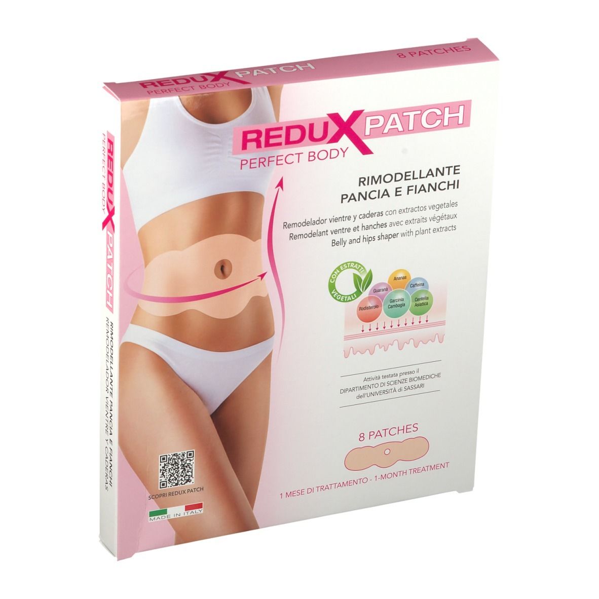 Verpackung von REDUX PATCH Perfect Body. Rosa-weiße Schachtel mit Produktabbildung und Text in mehreren Sprachen.