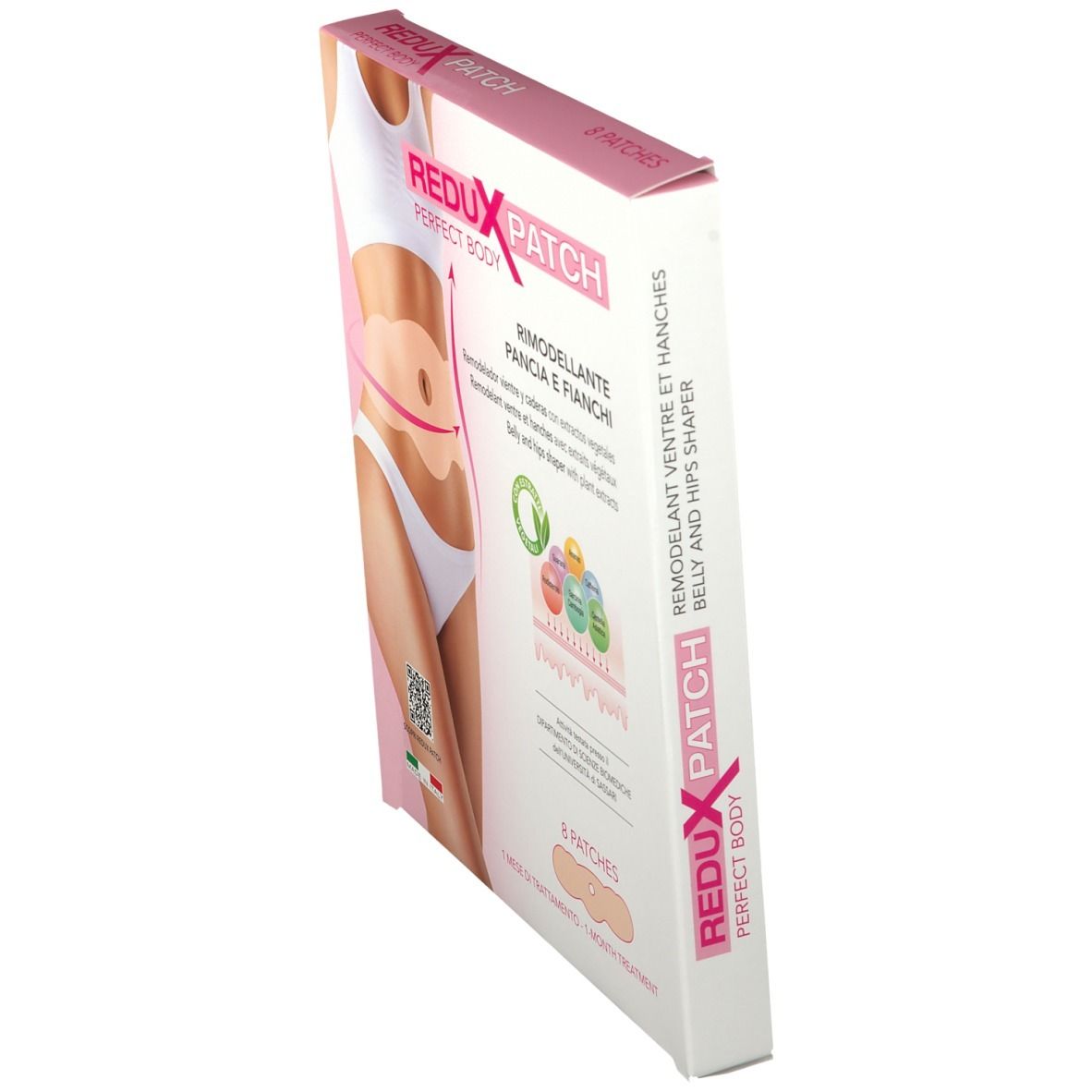 Seitenansicht der REDUX PATCH Perfect Body Verpackung. Rosa-weiße Schachtel mit Produktabbildung und Text.