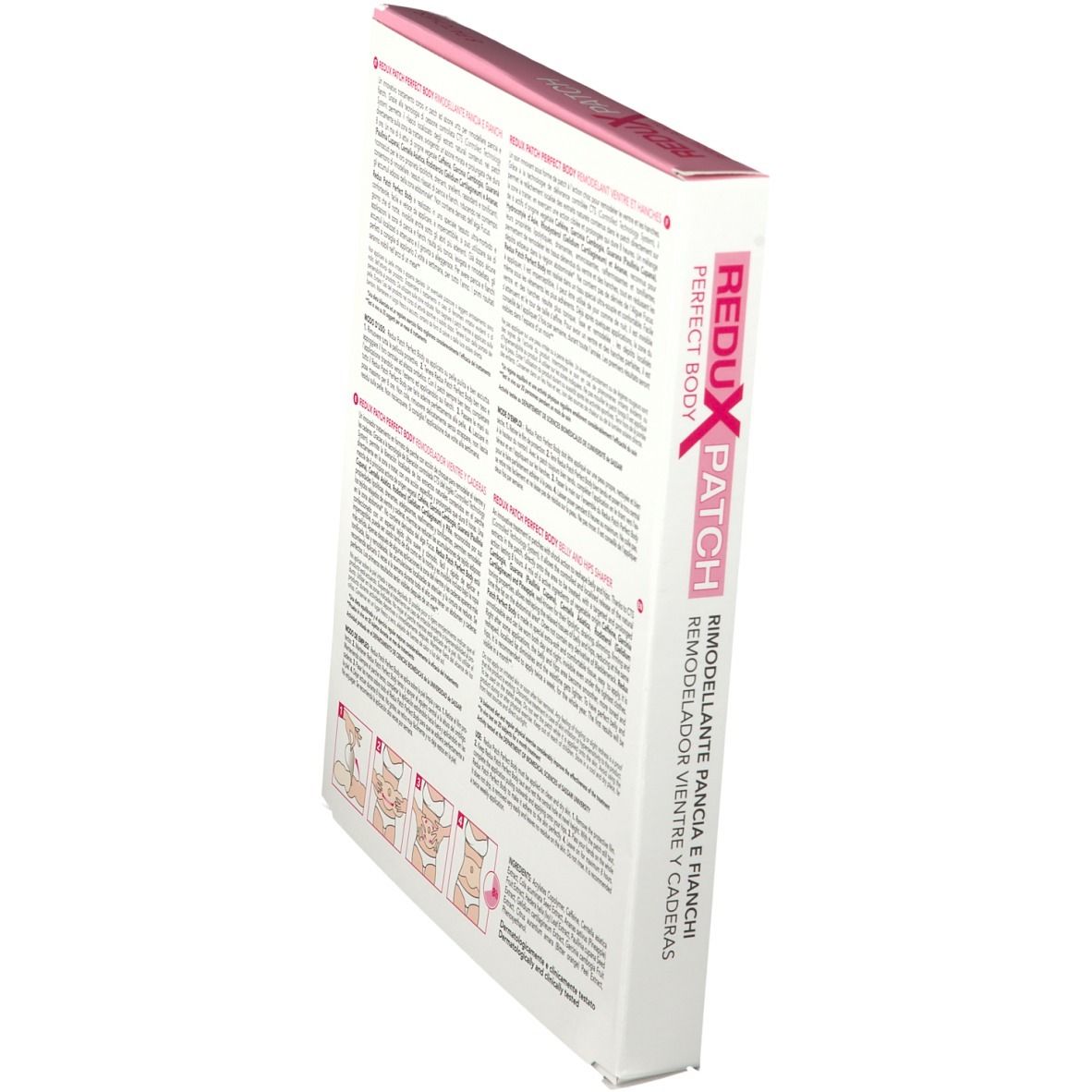 Seitenansicht der REDUX PATCH Perfect Body Verpackung. Text in mehreren Sprachen, Produktinformationen.