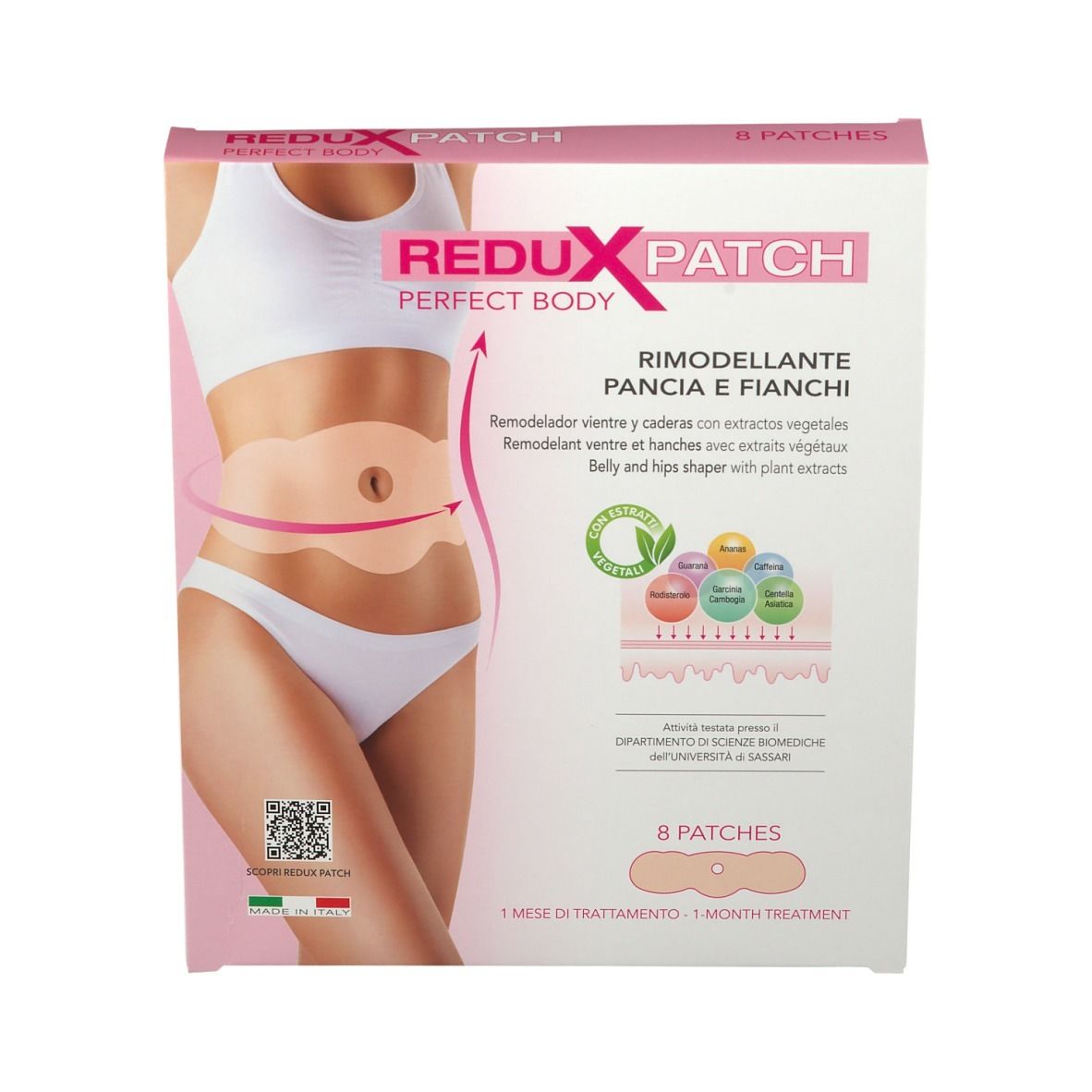 Vorderansicht der REDUX PATCH Perfect Body Verpackung. Rosa-weiße Schachtel mit Produktabbildung und Text in mehreren Sprachen.