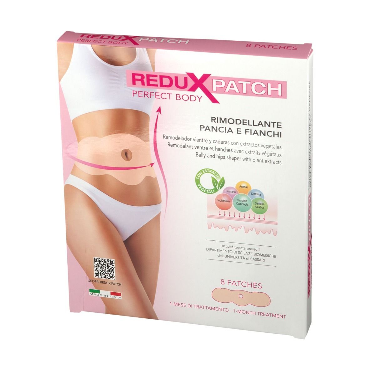 Vorderansicht der REDUX PATCH Perfect Body Verpackung. Rosa-weiße Schachtel mit Produktabbildung und Text in mehreren Sprachen.
