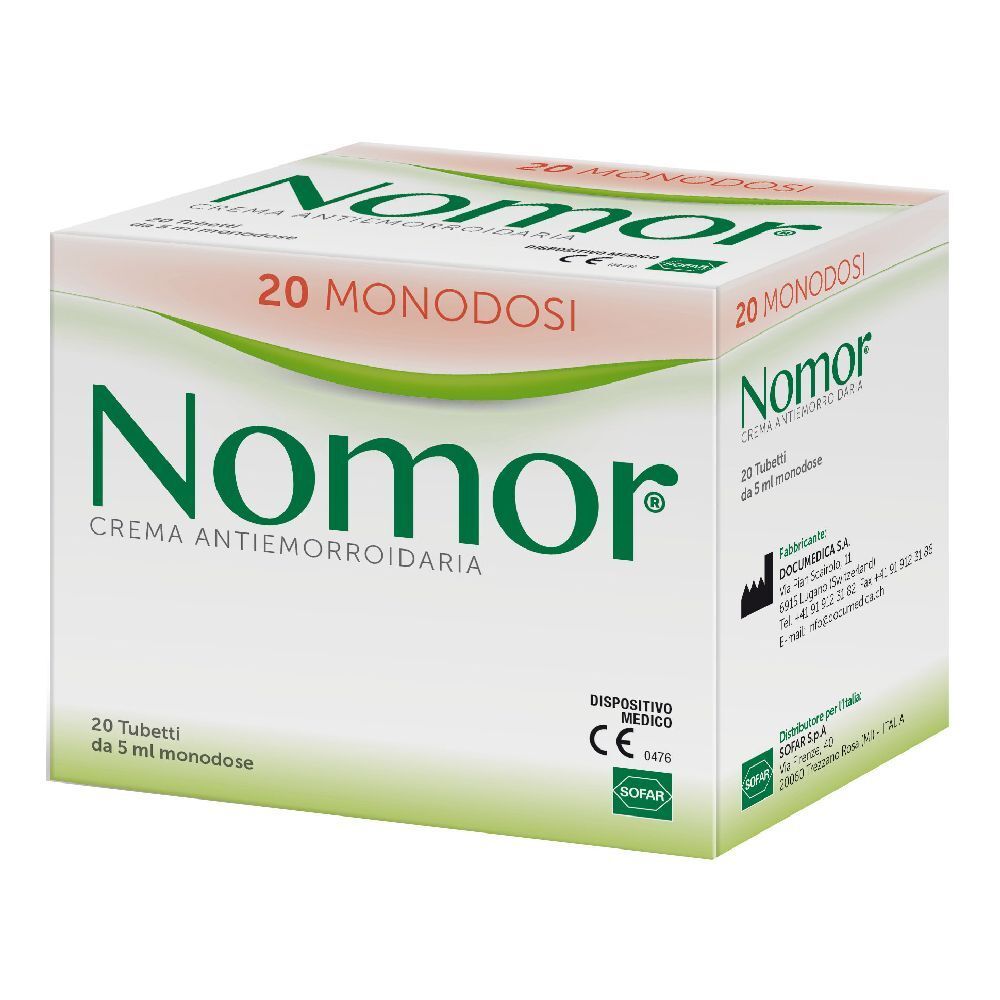 Confezione di crema Nomor®. 20 monodose. Dispositivo medico. Scatola bianca con scritte verdi e rosa.