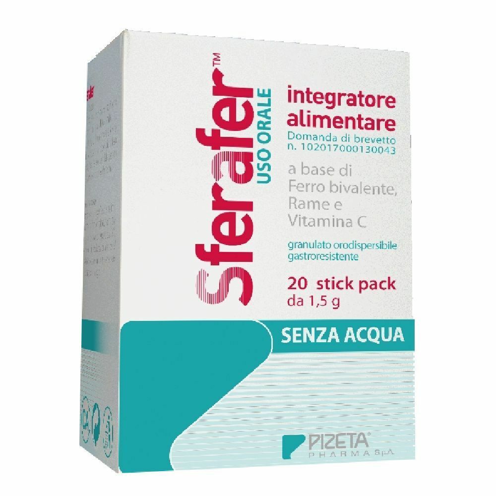 Confezione di Sferafer, 20 stick pack. Contiene ferro, rame e vitamina C. Bianco e blu.