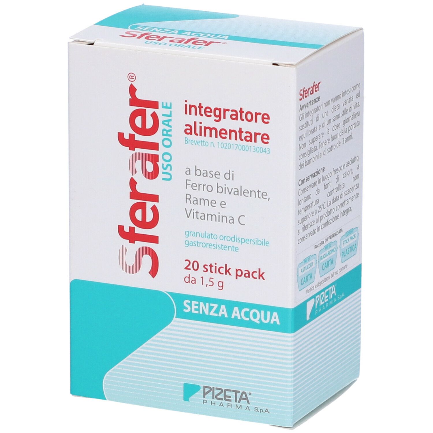 Confezione Sferafer, 20 stick pack. Ferro, rame, vitamina C. Bianco, blu. Marchio PIZETA.