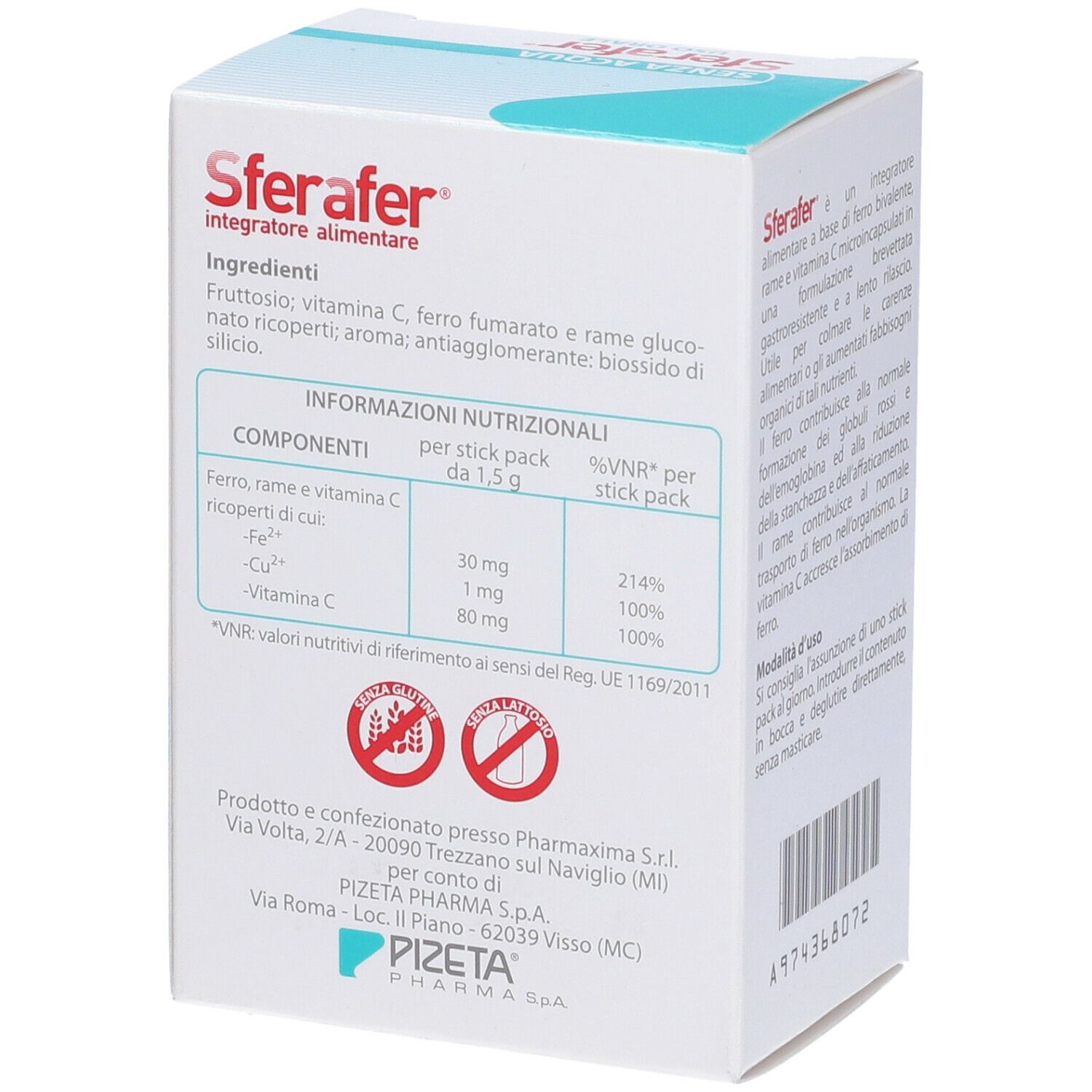 Retro confezione Sferafer. Informazioni nutrizionali, ingredienti. Senza glutine. Marchio PIZETA.