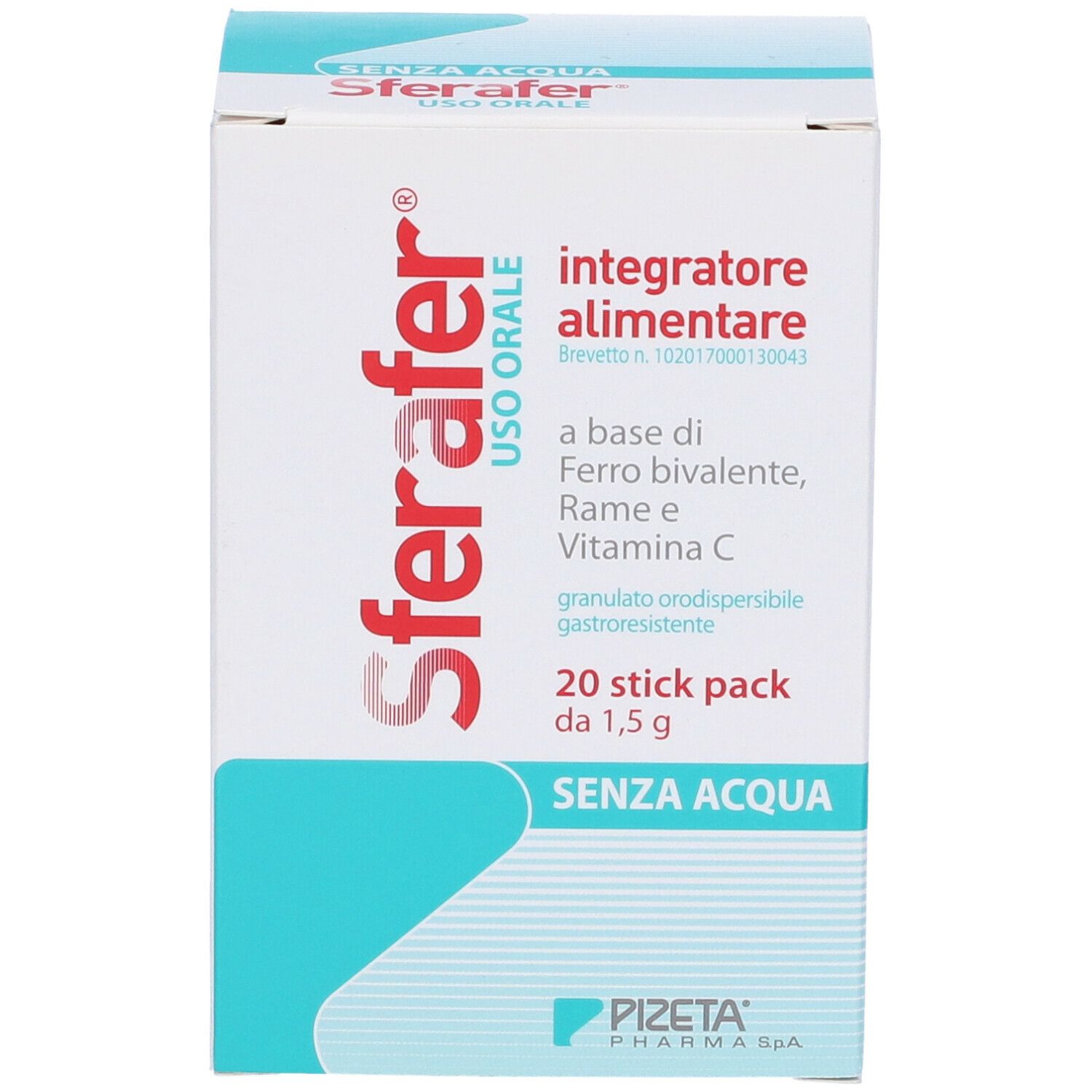 Confezione Sferafer, 20 stick pack. Ferro, rame, vitamina C. Bianco, blu. Marchio PIZETA.
