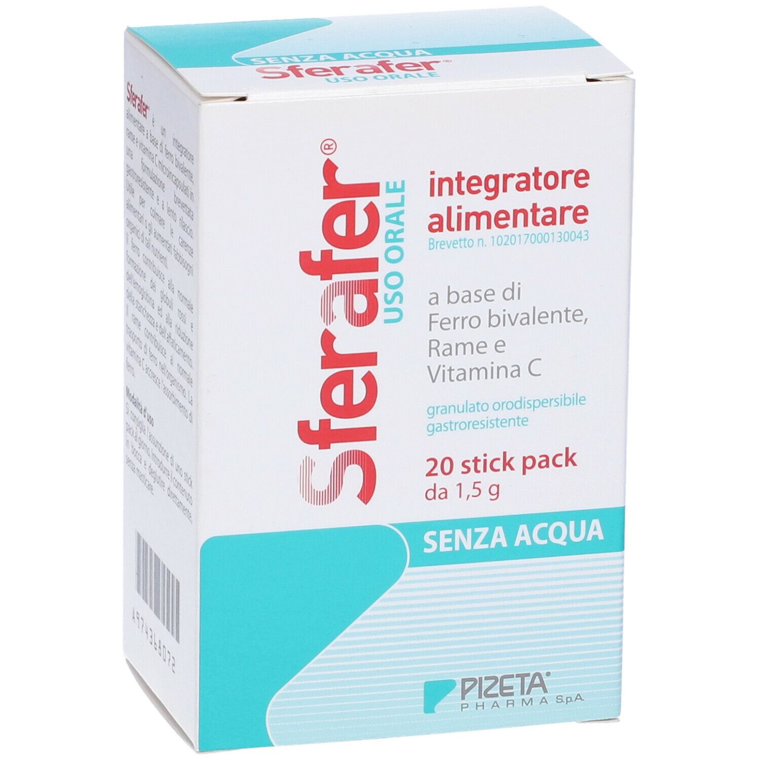 Confezione Sferafer, 20 stick pack. Ferro, rame, vitamina C. Bianco, blu. Marchio PIZETA.