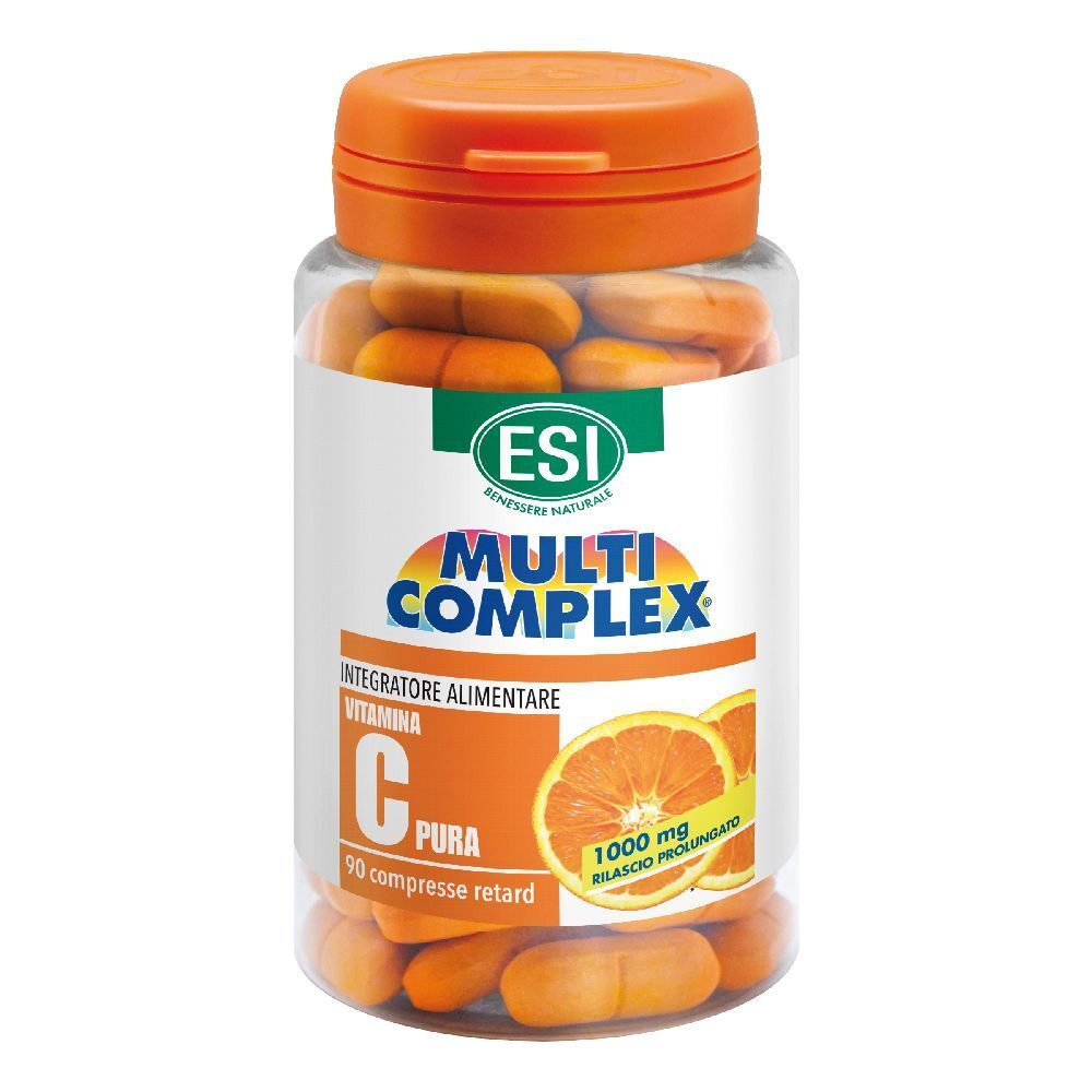 Flacone trasparente con capsule arancioni. Scritta: ESI, Multi Complex, C pura, 90 compresse retard. Tappo arancione.