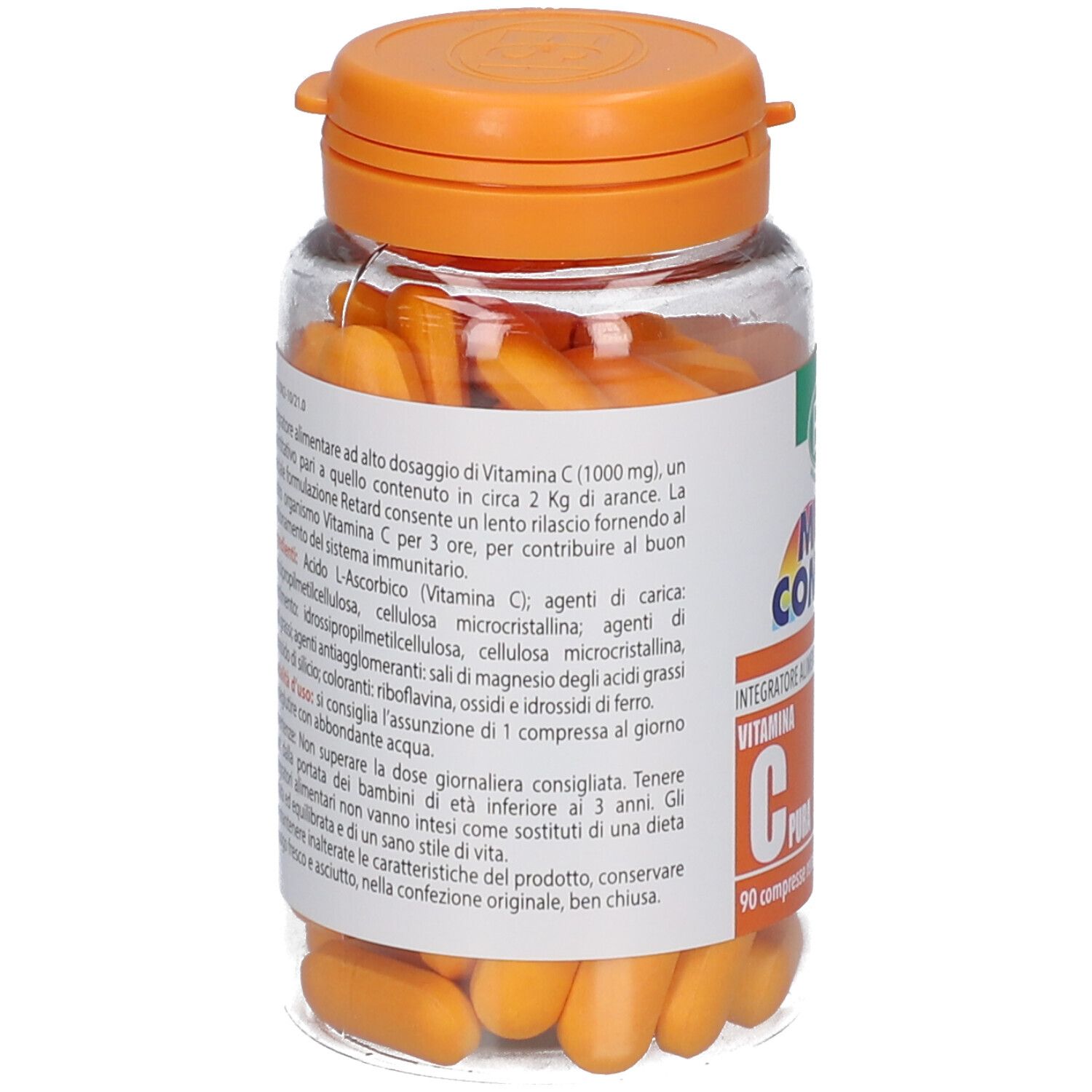 Retro di un flacone trasparente con capsule arancioni. Testo sull'etichetta. Tappo arancione.
