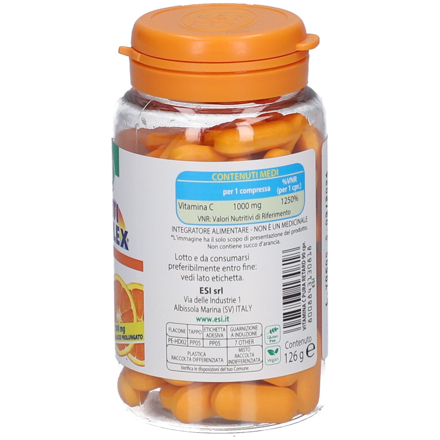 Retro di un flacone trasparente con capsule arancioni. Testo sull'etichetta. Tappo arancione.
