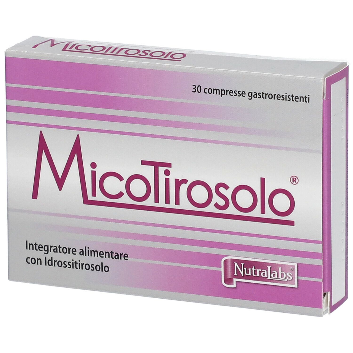 Scatola di MicoTirosolo. Design rosa e bianco. Testo: 30 compresse, NutraLabs.