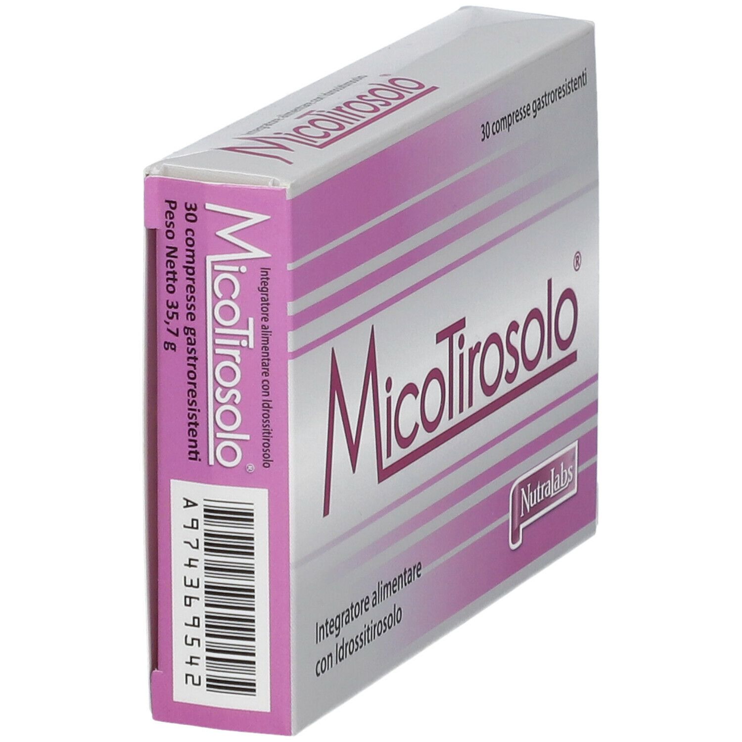 Scatola MicoTirosolo, angolata. Rosa e bianco. Testo: 30 compresse, NutraLabs. Codice a barre.