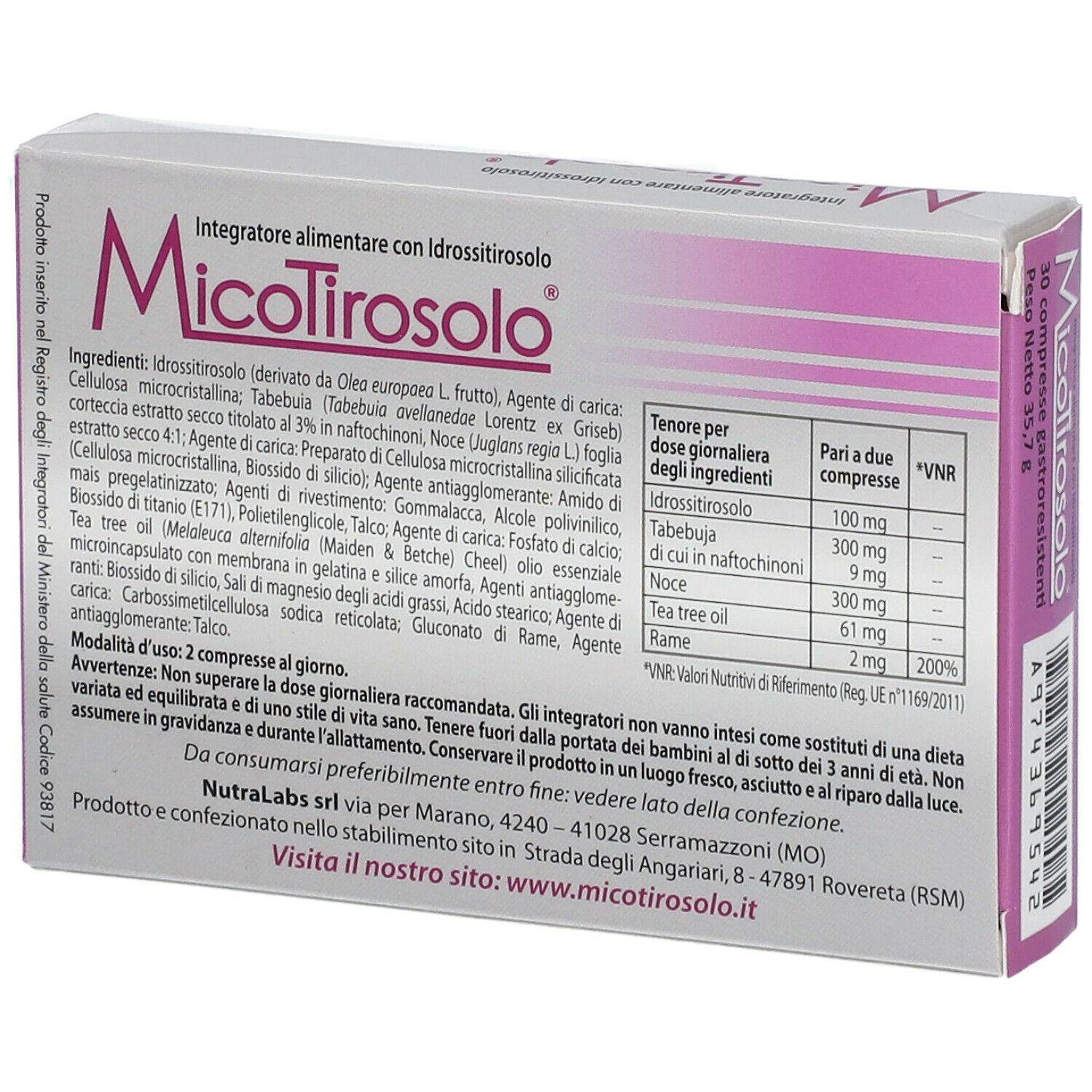 Retro della scatola MicoTirosolo. Ingredienti, dosaggio, informazioni nutrizionali. Testo: NutraLabs.