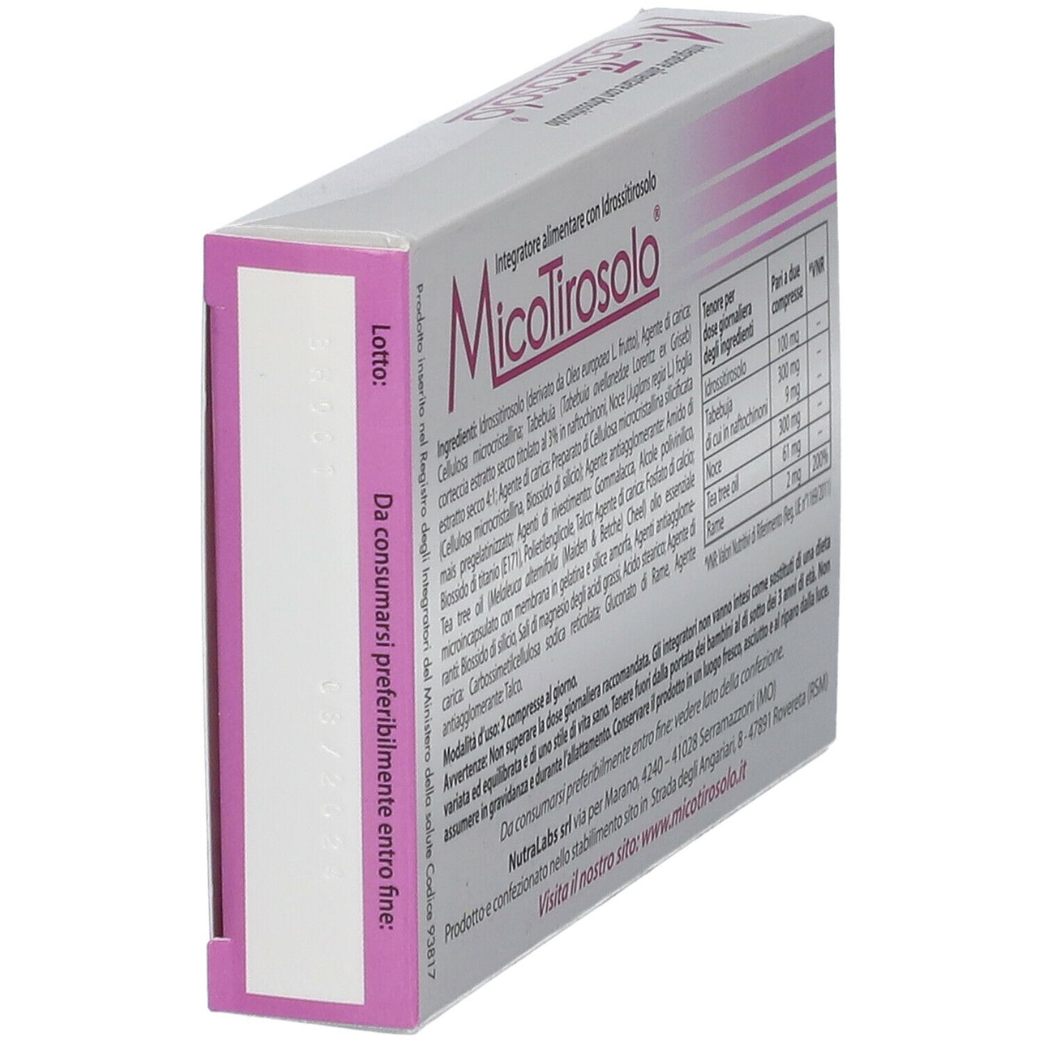 Lato della scatola MicoTirosolo. Testo: Scadenza, ingredienti. Rosa e bianco.