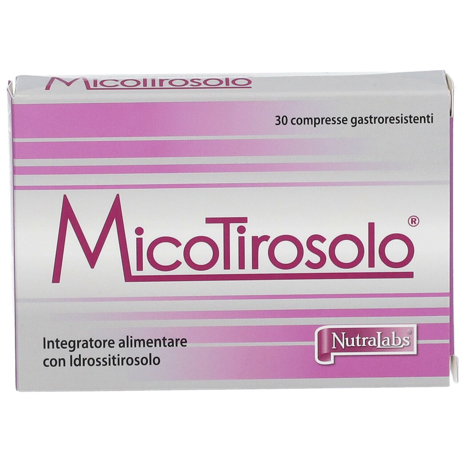 Scatola di MicoTirosolo. Rosa e bianco. Testo: 30 compresse, NutraLabs. Nome del prodotto in evidenza.