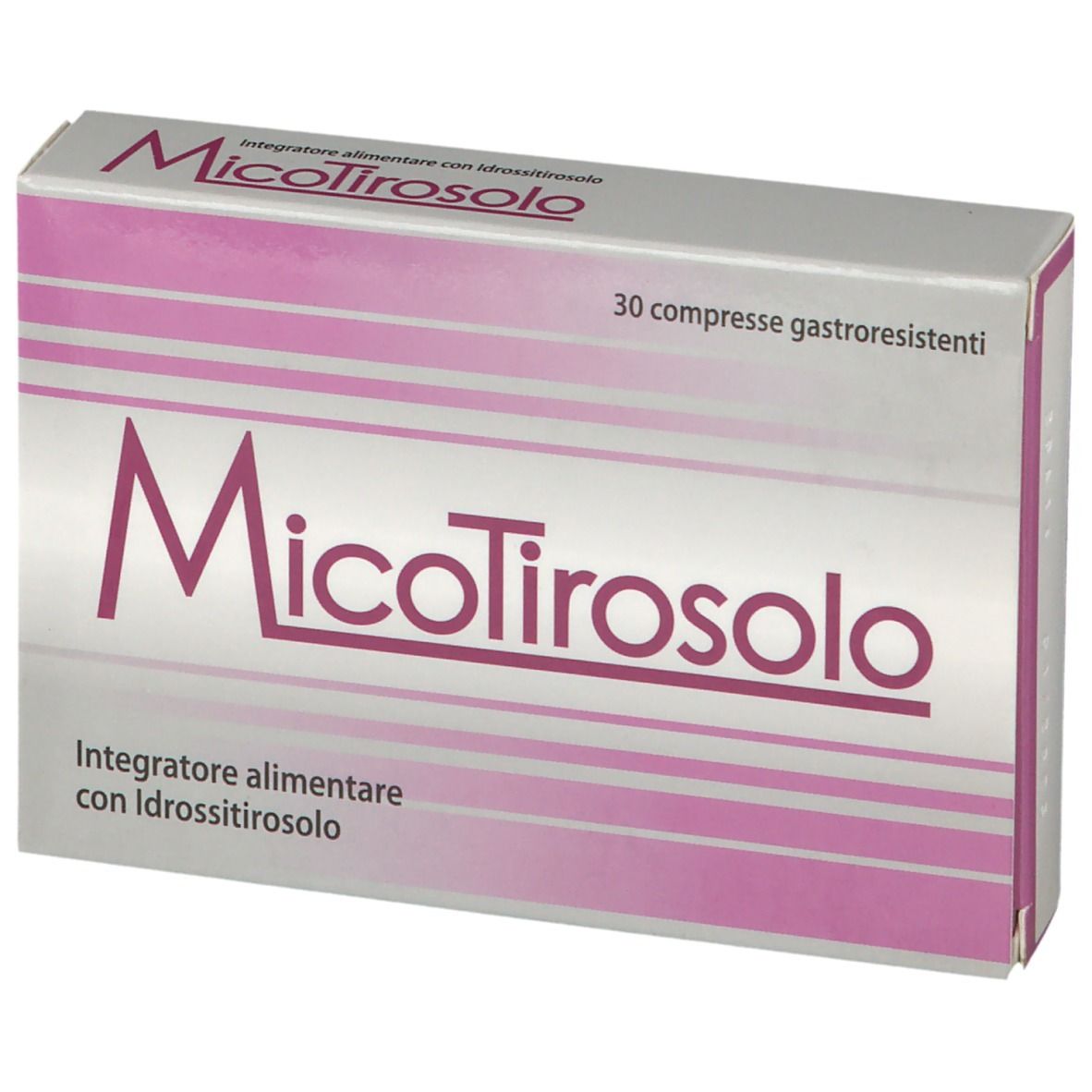 Scatola di MicoTirosolo. Rosa e bianco. Testo: 30 compresse, NutraLabs. Nome del prodotto.